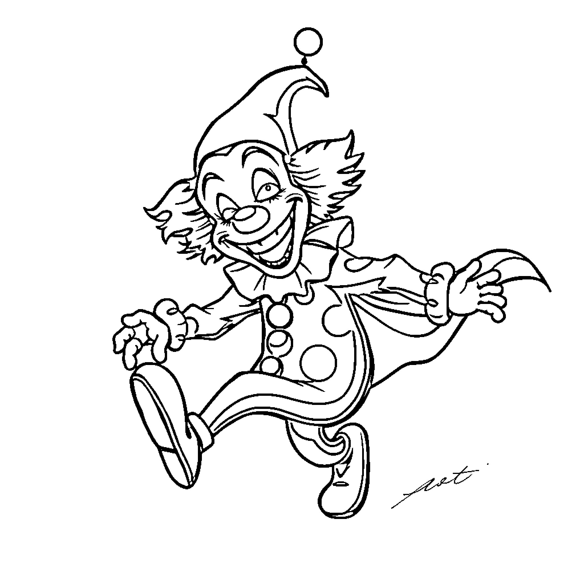 Art of a Joyful Clown in Action Coloring Page (free black-and-white line drawing printable PDF for all, from beginners to advanced learners, including children, teens, adults, and seniors)