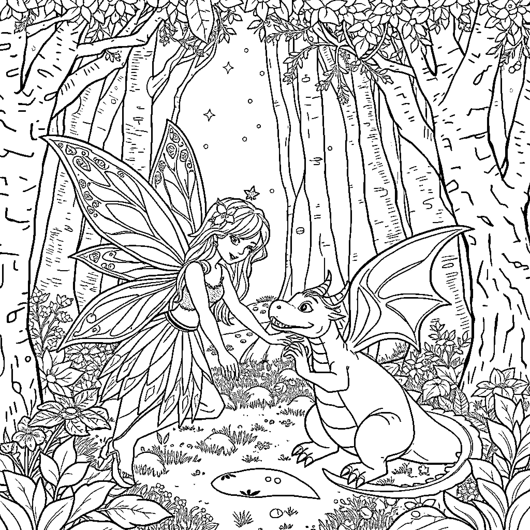Fairy Companion Explores Enchanted Forest Coloring Page (free black-and-white line drawing printable PDF for all, from beginners to advanced learners, including children, teens, adults, and seniors)
