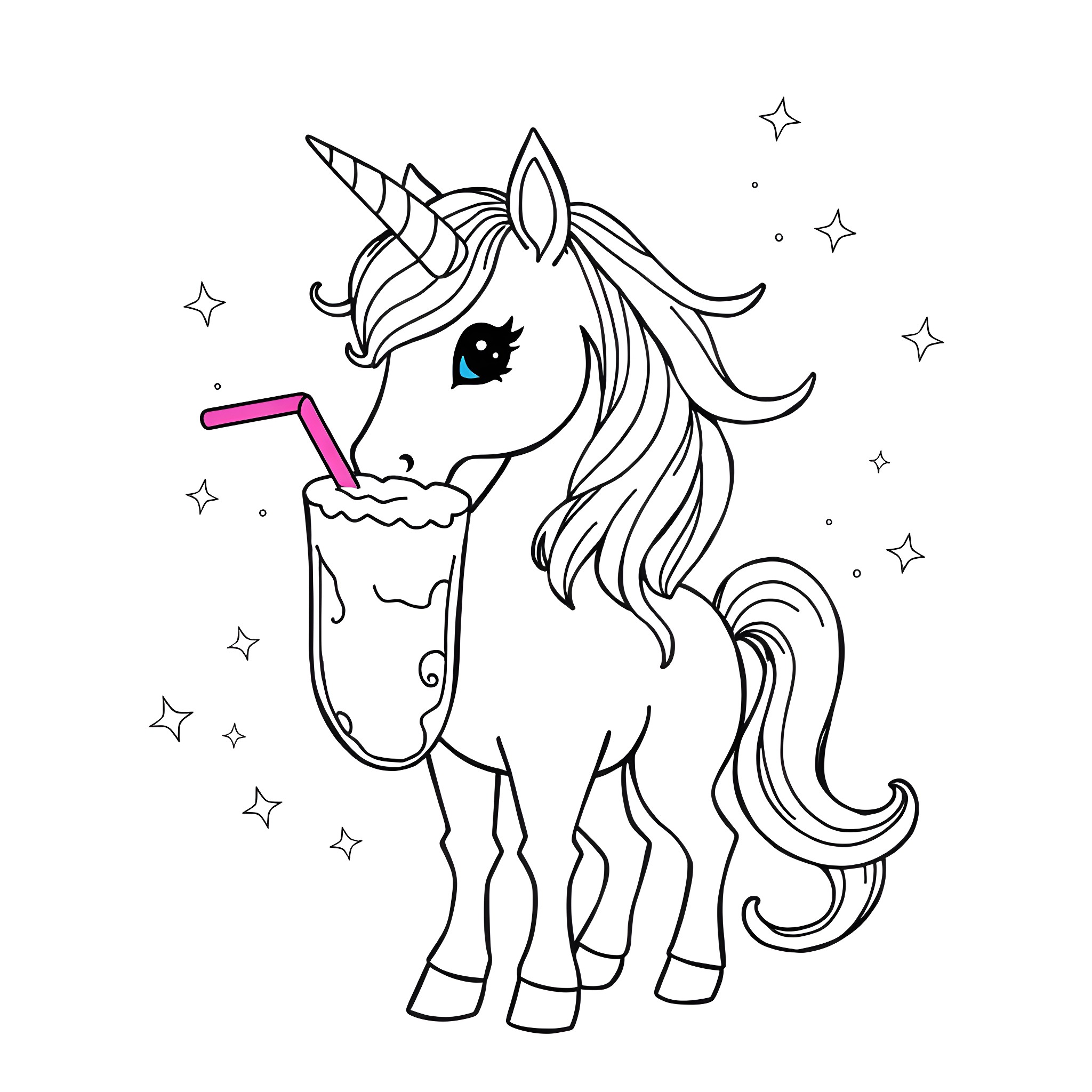 Unicorn enjoying a magical milkshake Coloring Page (free black-and-white line drawing printable PDF for all, from beginners to advanced learners, including children, teens, adults, and seniors)