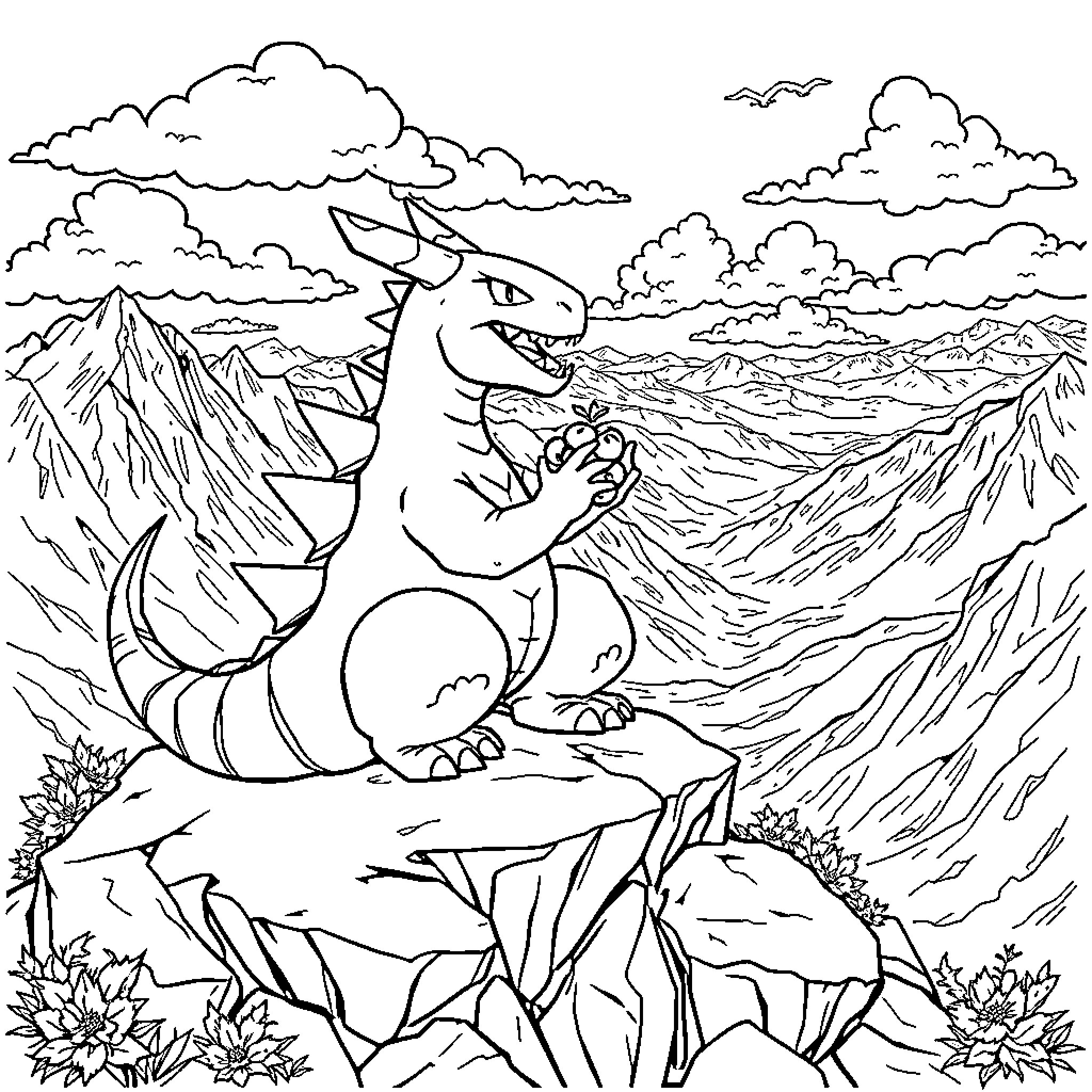 Tyranitar overlooking a majestic mountain landscape Coloring Page (free black-and-white line drawing printable PDF for all, from beginners to advanced learners, including children, teens, adults, and seniors)