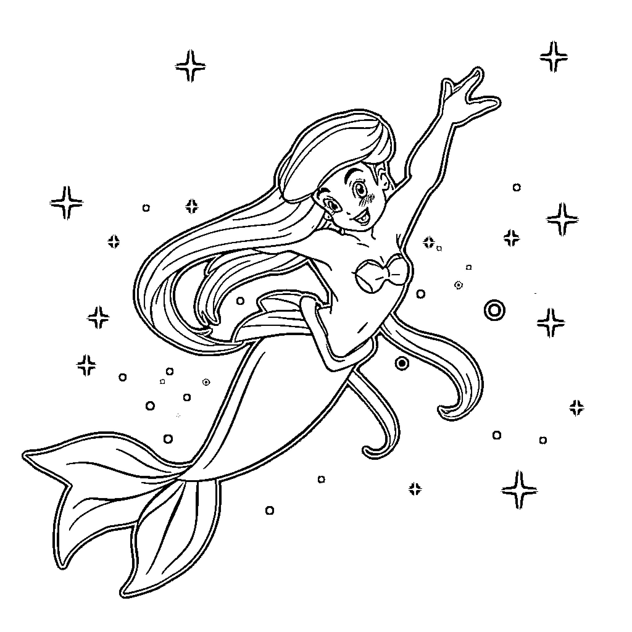 Ariel swimming gracefully under the sea Coloring Page (free black-and-white line drawing printable PDF for all, from beginners to advanced learners, including children, teens, adults, and seniors)