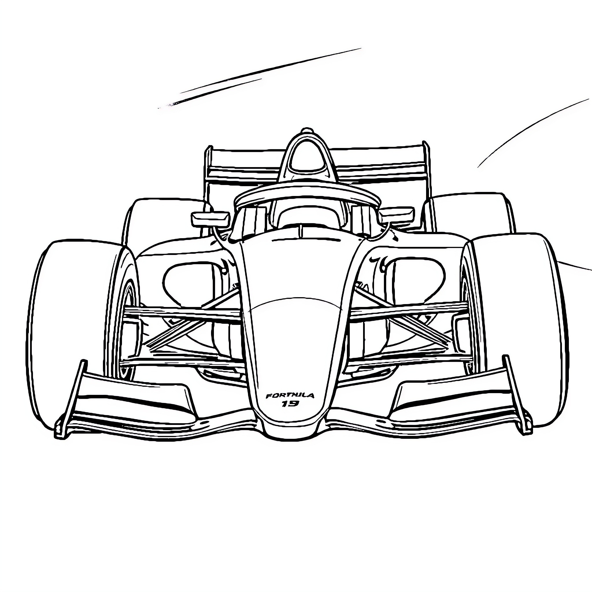 Formula 1 Car in Motion Coloring Page (free black-and-white line drawing printable PDF for all, from beginners to advanced learners, including children, teens, adults, and seniors)