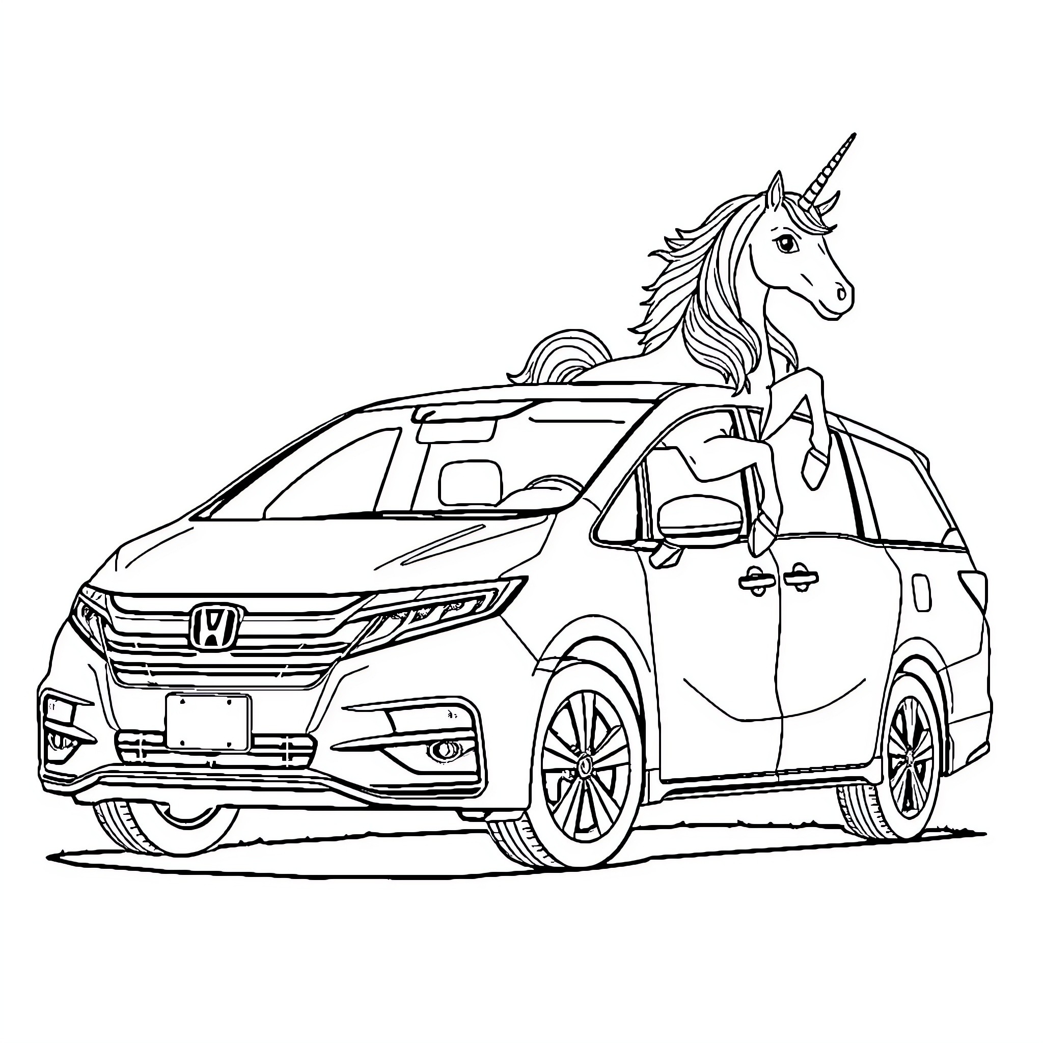 Unicorn riding a modern family vehicle Coloring Page (free black-and-white line drawing printable PDF for all, from beginners to advanced learners, including children, teens, adults, and seniors)