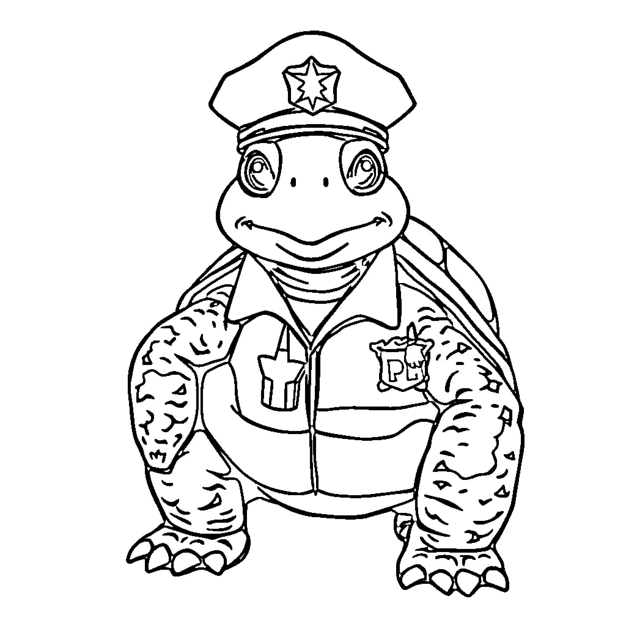 Turtle police officer in uniform Coloring Page (free black-and-white line drawing printable PDF for all, from beginners to advanced learners, including children, teens, adults, and seniors)
