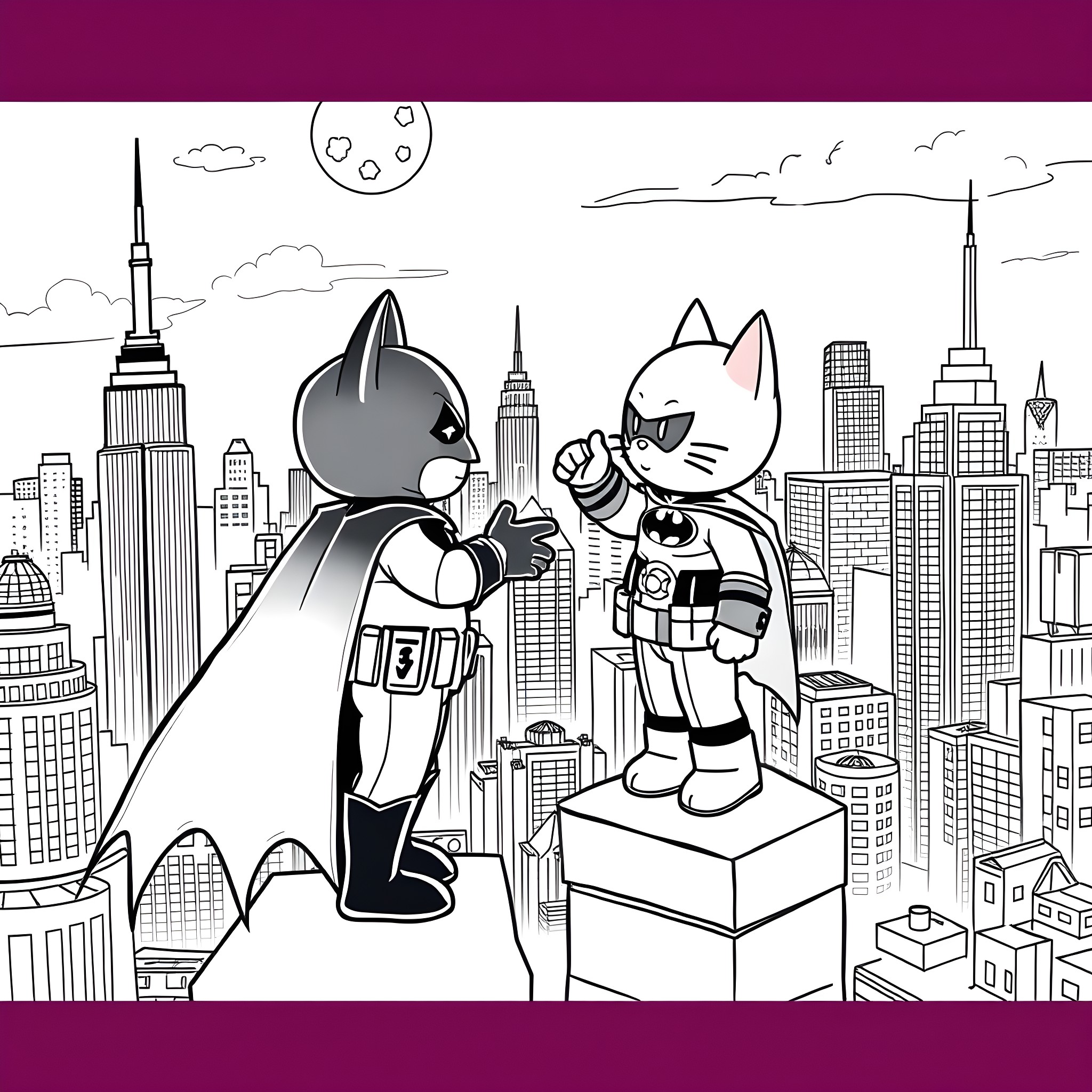 Hello Kitty superheroes exploring the city skyline Coloring Page (free black-and-white line drawing printable PDF for all, from beginners to advanced learners, including children, teens, adults, and seniors)