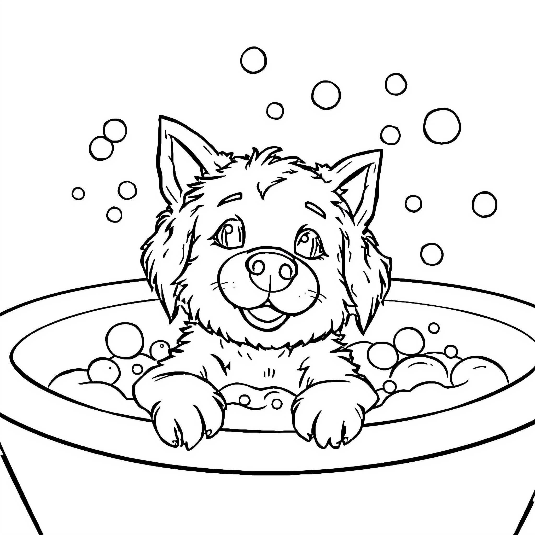 Stevie the Playful Pup in the Bubbly Tub Coloring Page (free black-and-white line drawing printable PDF for all, from beginners to advanced learners, including children, teens, adults, and seniors)