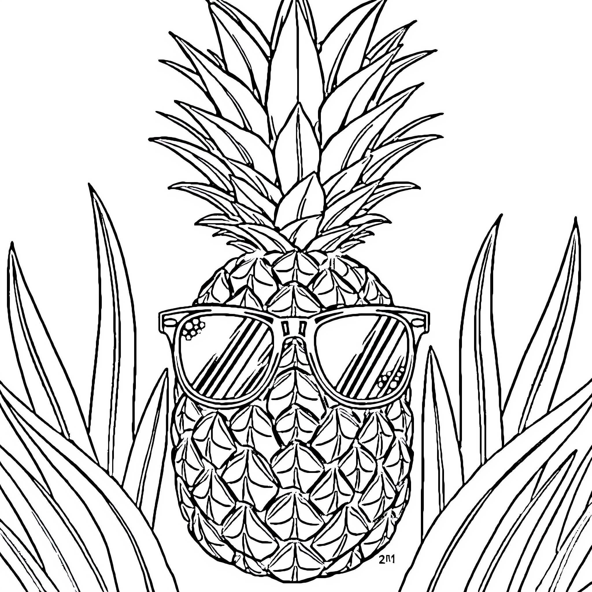 Pineapple wearing sunglasses Coloring Page (free black-and-white line drawing printable PDF for all, from beginners to advanced learners, including children, teens, adults, and seniors)