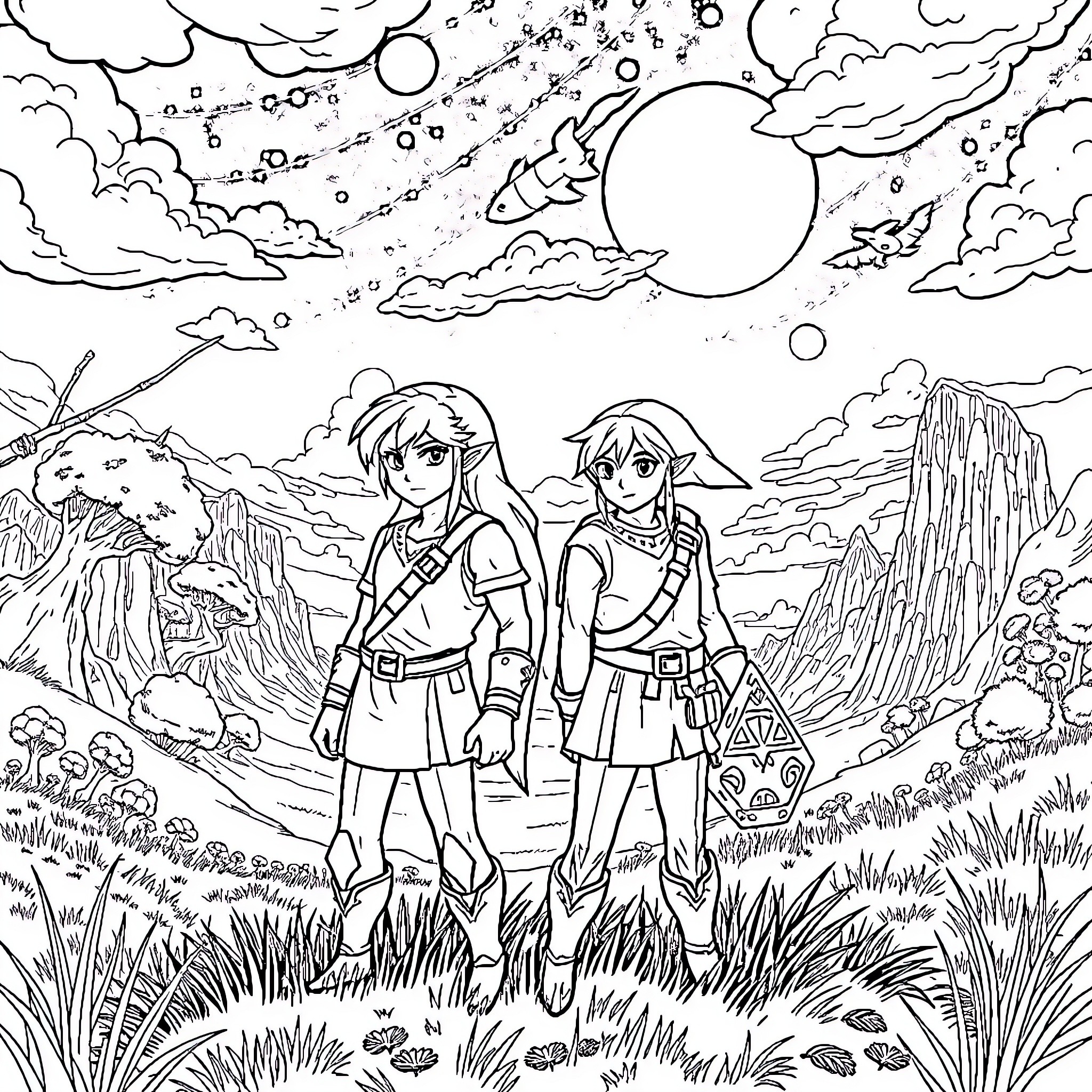 Zelda: Link and Zelda's adventurous journey Coloring Page (free black-and-white line drawing printable PDF for all, from beginners to advanced learners, including children, teens, adults, and seniors)