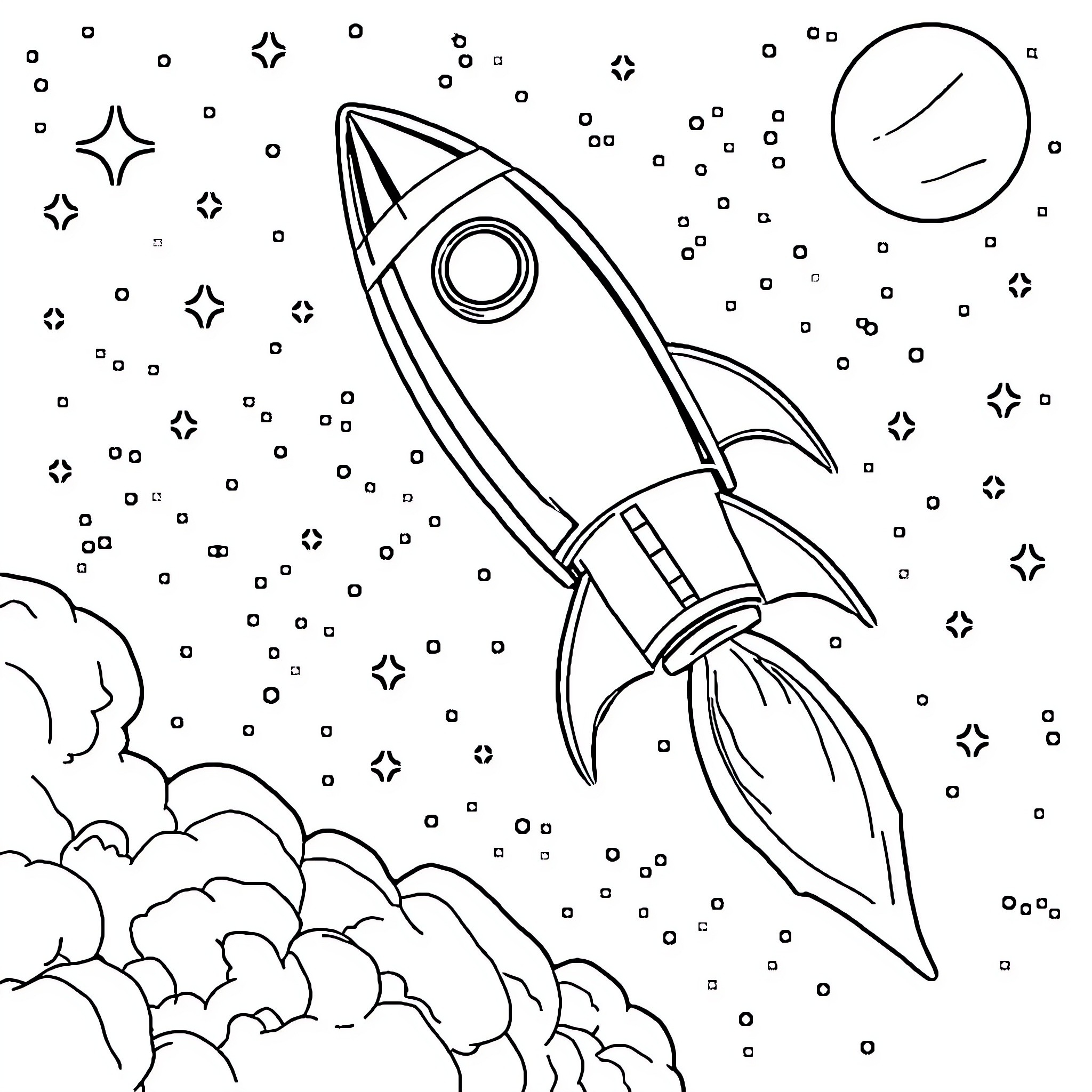 Rocket blasting off into the starry sky Coloring Page (free black-and-white line drawing printable PDF for all, from beginners to advanced learners, including children, teens, adults, and seniors)