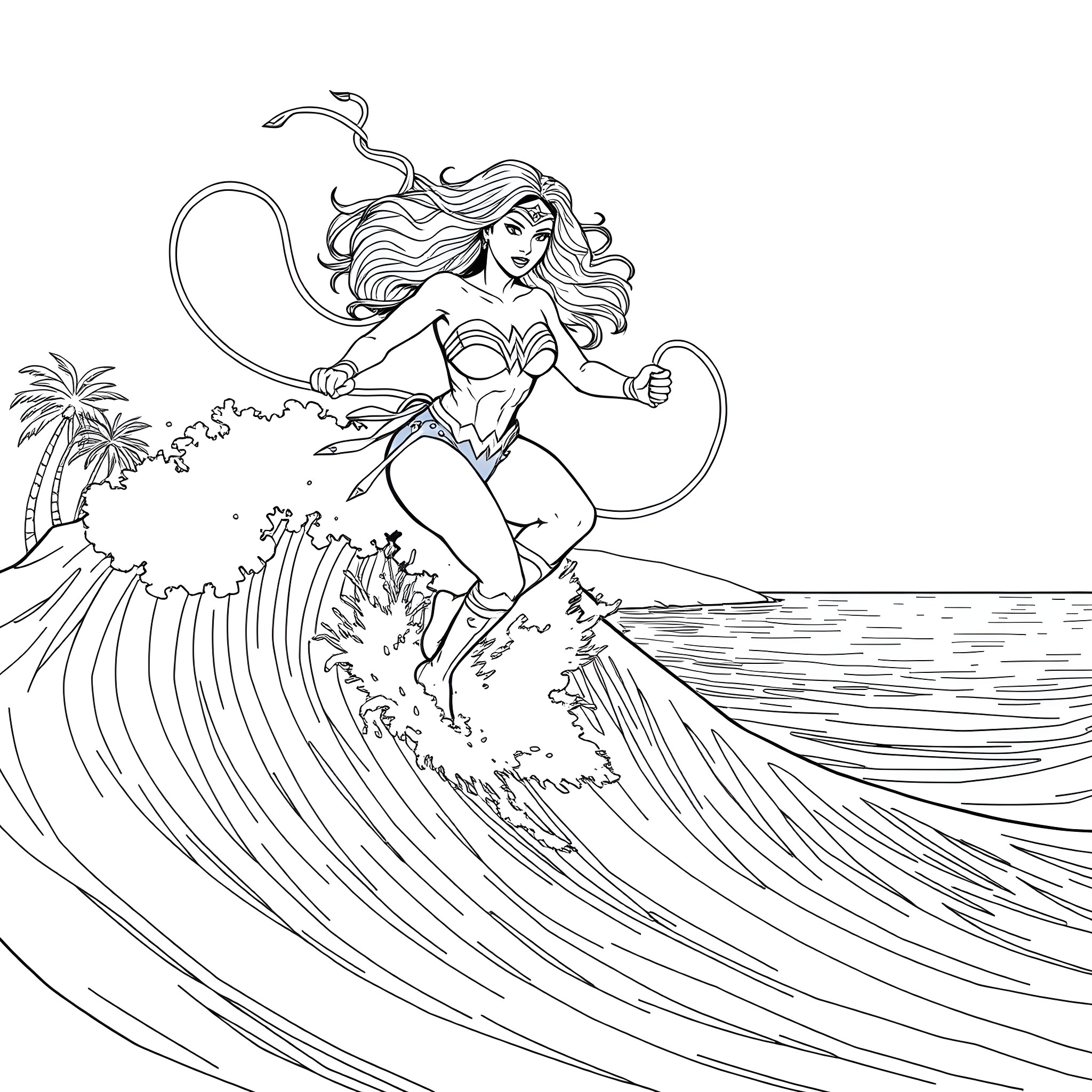 Wonder Woman Surfing the Mighty Waves Coloring Page (free black-and-white line drawing printable PDF for all, from beginners to advanced learners, including children, teens, adults, and seniors)