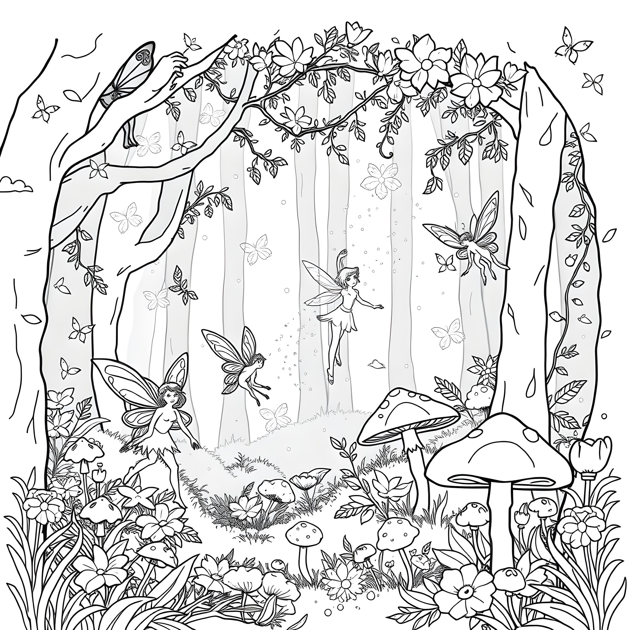 Fairy Wonderland with Enchanting Creatures Coloring Page (free black-and-white line drawing printable PDF for all, from beginners to advanced learners, including children, teens, adults, and seniors)