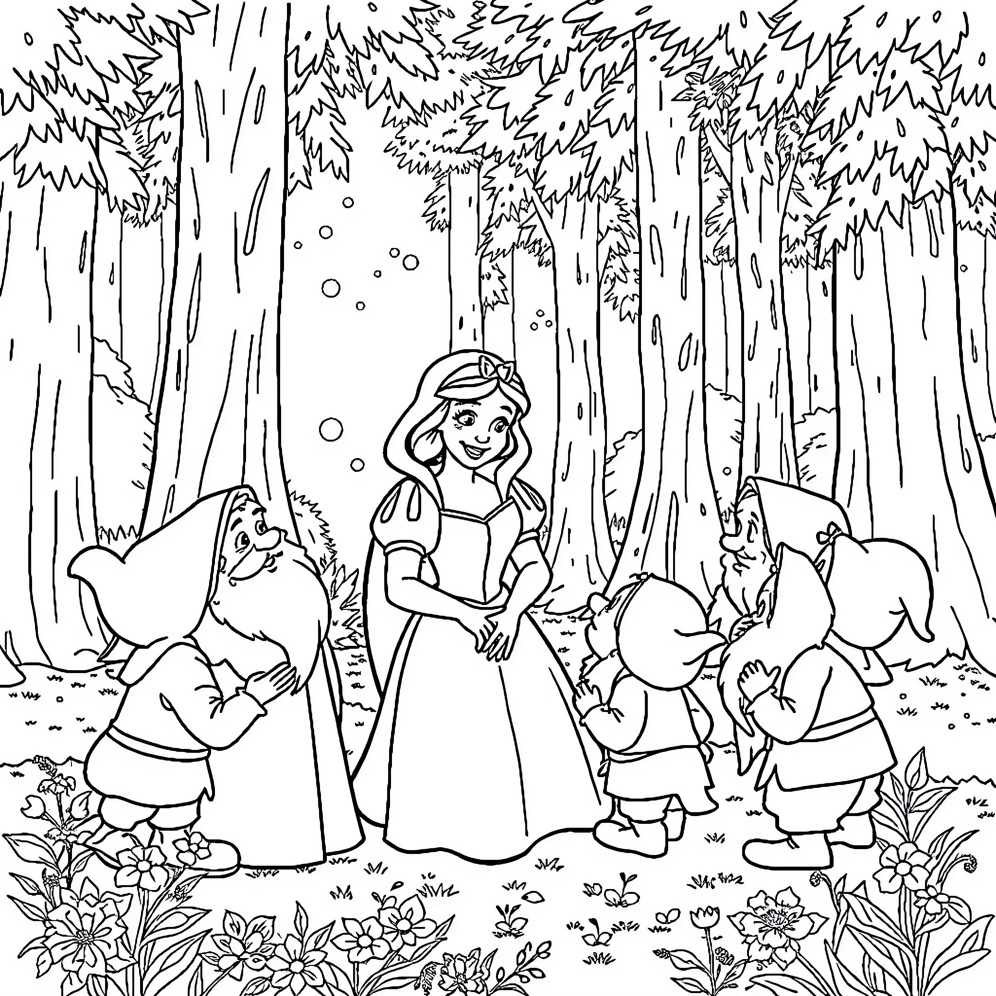 Snow White's Encounter with the Seven Dwarfs in the Forest Coloring Page (free black-and-white line drawing printable PDF for all, from beginners to advanced learners, including children, teens, adults, and seniors)