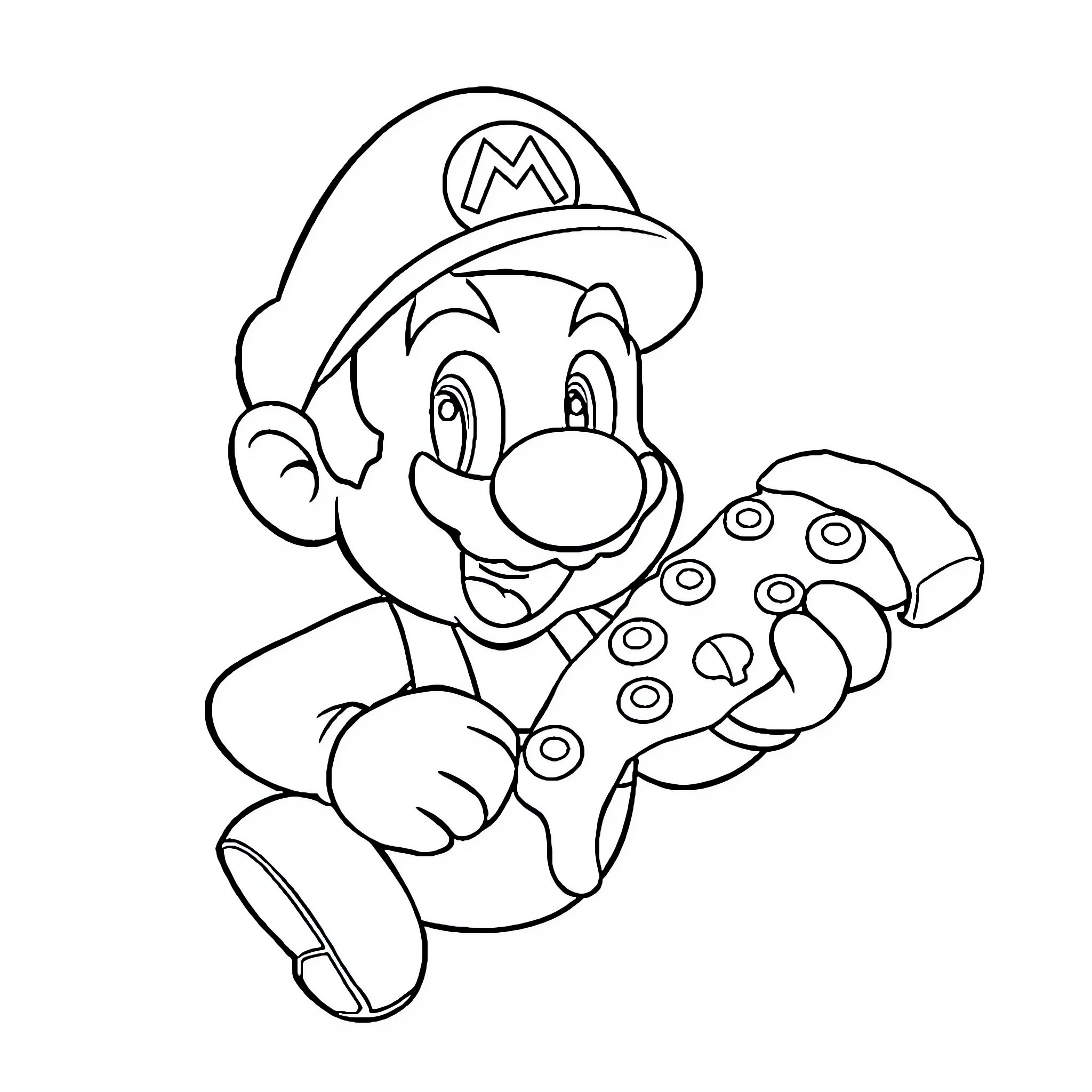 Mario Happily Playing Video Game Coloring Page (free black-and-white line drawing printable PDF for all, from beginners to advanced learners, including children, teens, adults, and seniors)