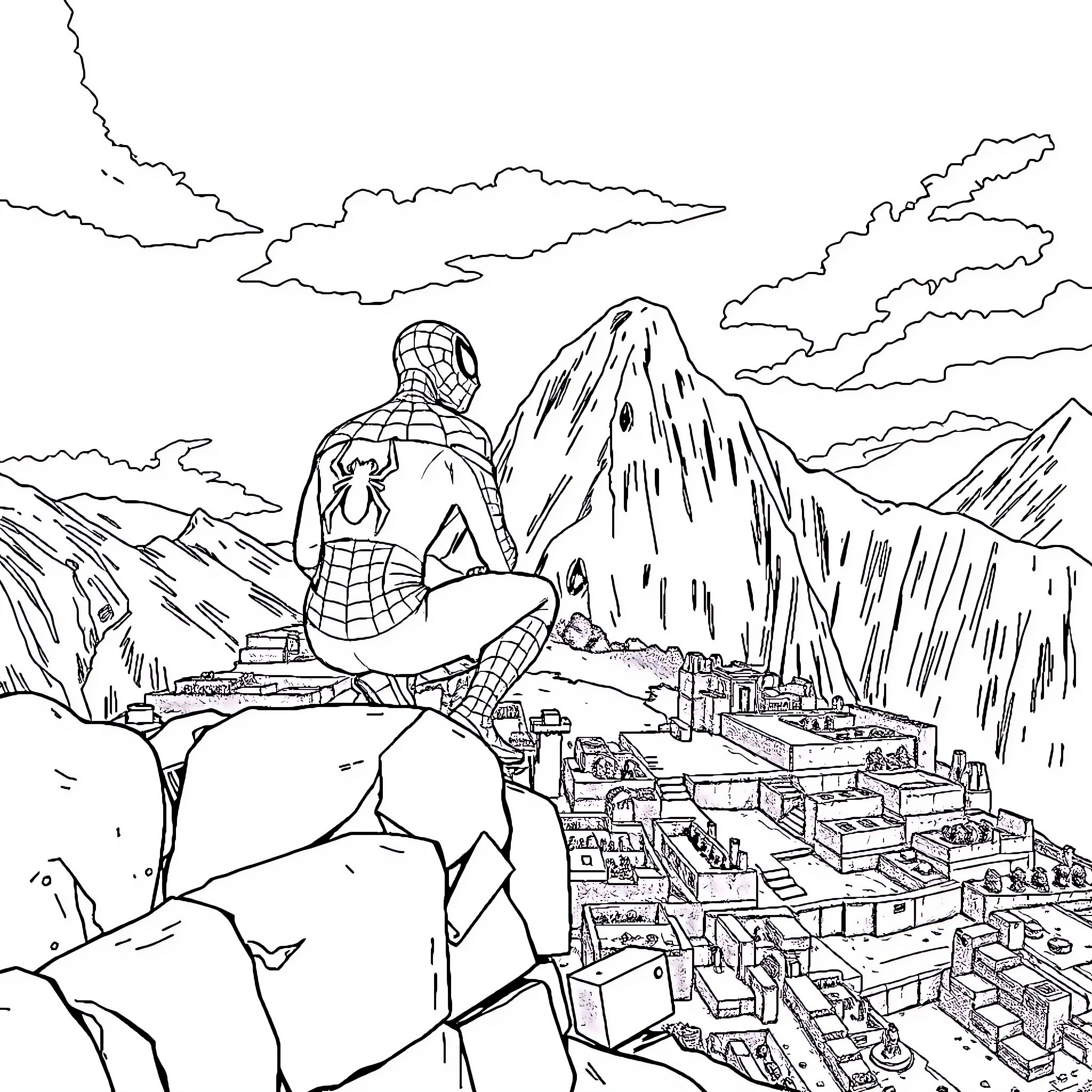 Spiderman overlooking a mountainous city landscape Coloring Page (free black-and-white line drawing printable PDF for all, from beginners to advanced learners, including children, teens, adults, and seniors)