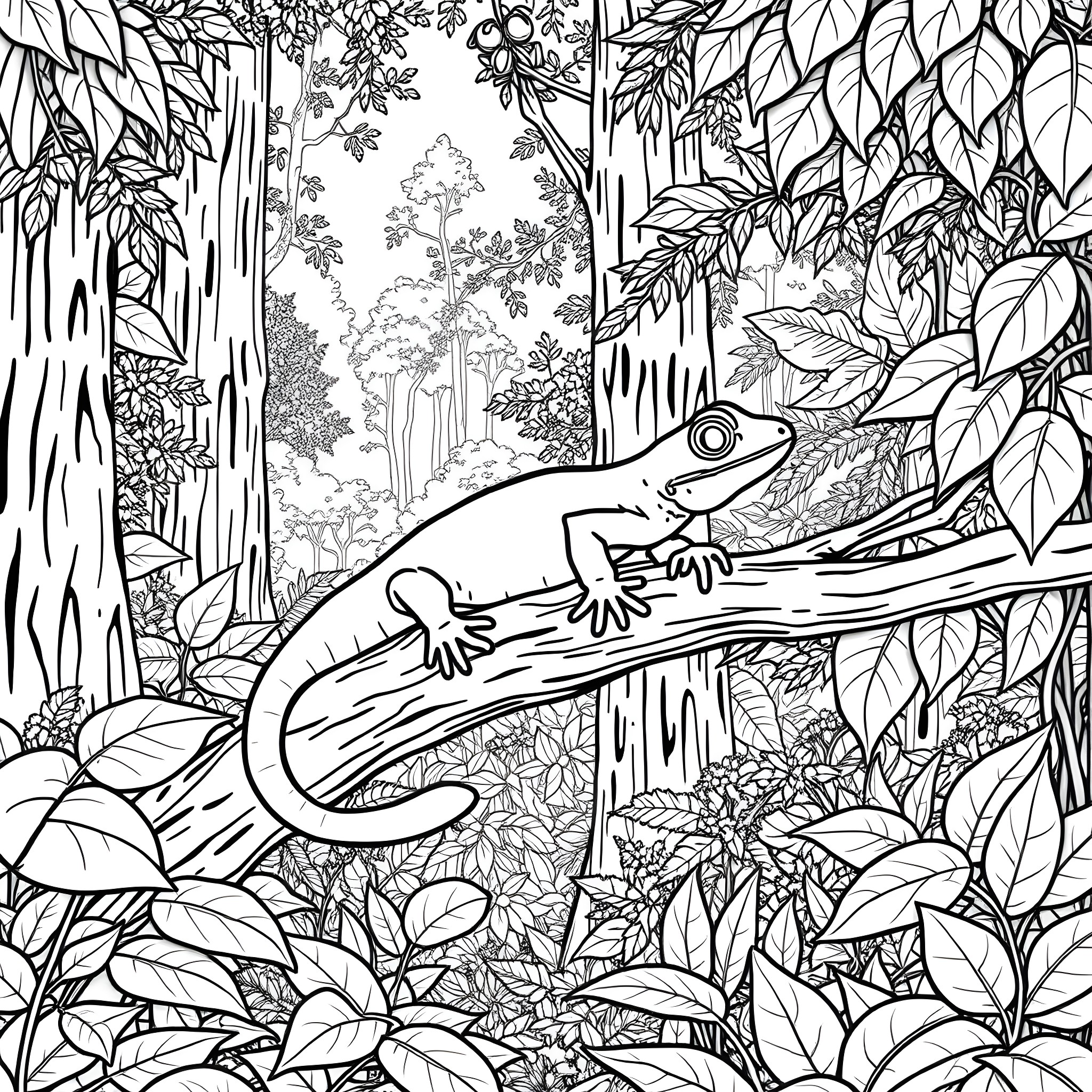 Salamander exploring the lush forest Coloring Page (free black-and-white line drawing printable PDF for all, from beginners to advanced learners, including children, teens, adults, and seniors)