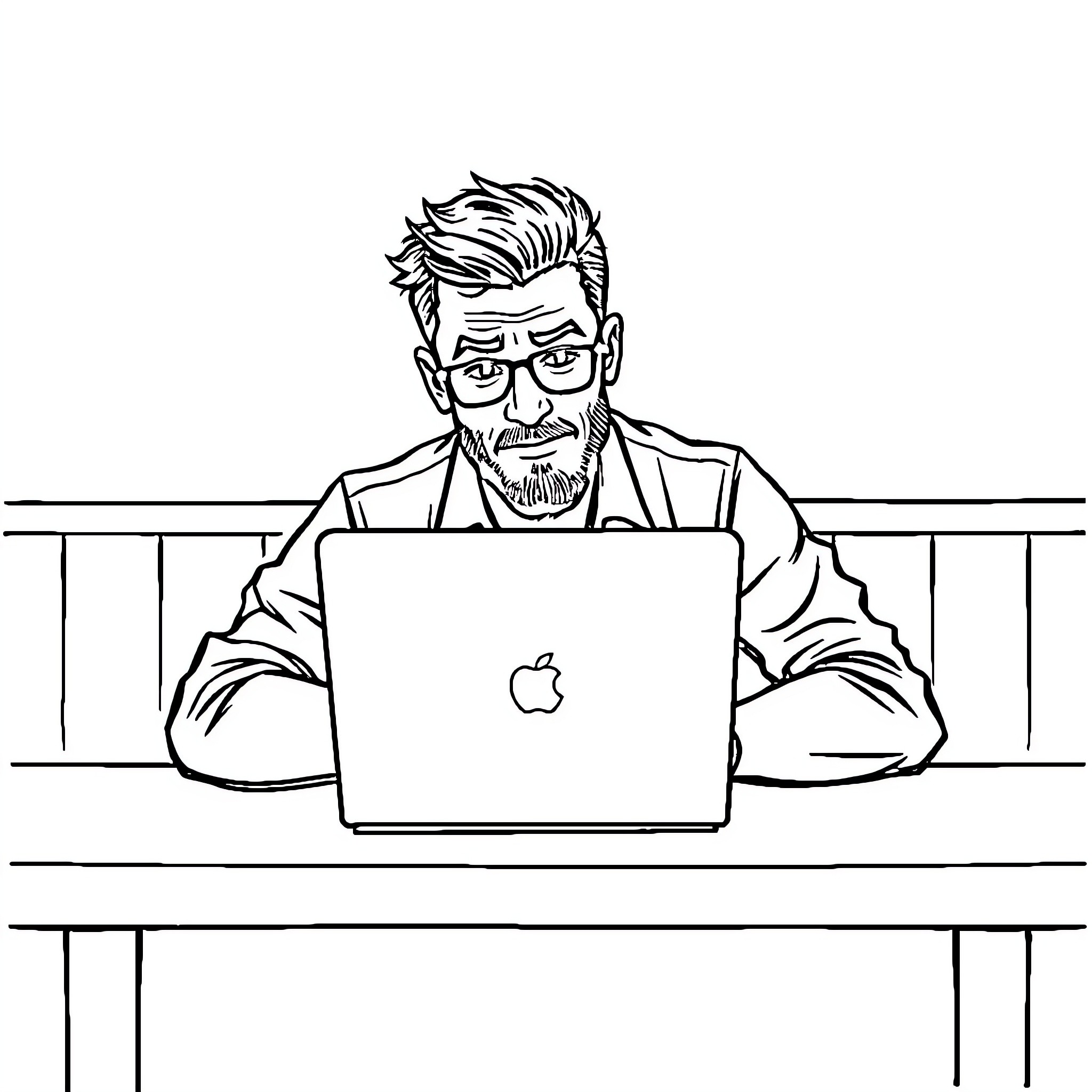 Man working diligently on laptop at desk Coloring Page (free black-and-white line drawing printable PDF for all, from beginners to advanced learners, including children, teens, adults, and seniors)