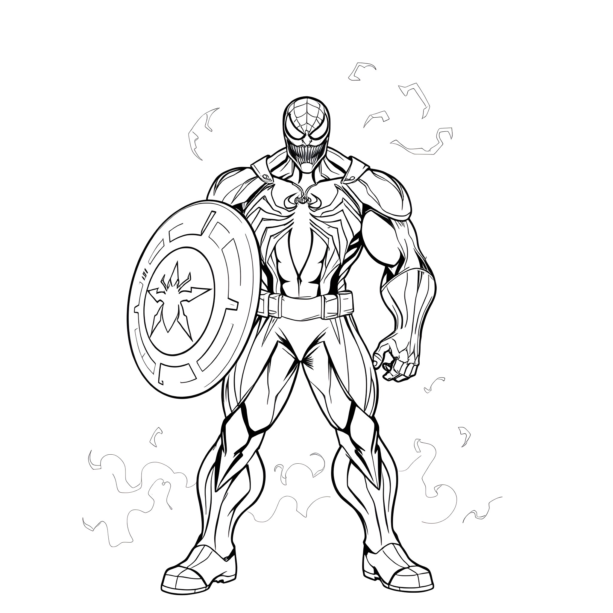 Captain Venom in heroic battle pose Coloring Page (free black-and-white line drawing printable PDF for all, from beginners to advanced learners, including children, teens, adults, and seniors)