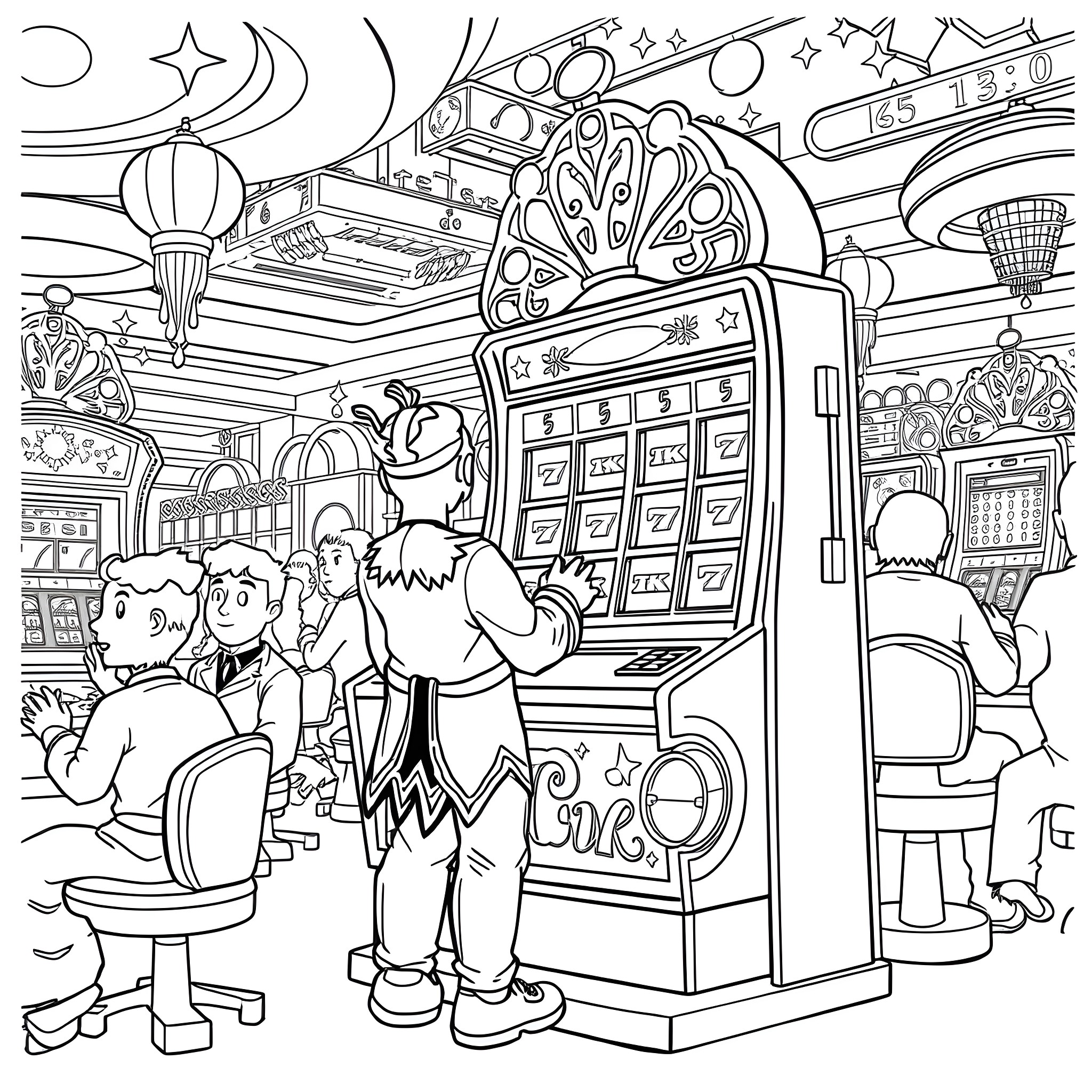 Tung enjoying the wondrous sights at the arcade Coloring Page (free black-and-white line drawing printable PDF for all, from beginners to advanced learners, including children, teens, adults, and seniors)
