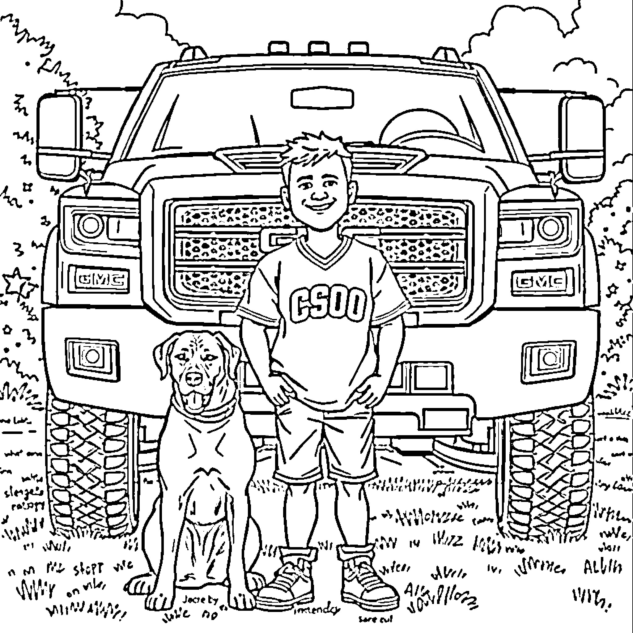 Man and his dog posing in front of a large truck Coloring Page (free black-and-white line drawing printable PDF for all, from beginners to advanced learners, including children, teens, adults, and seniors)