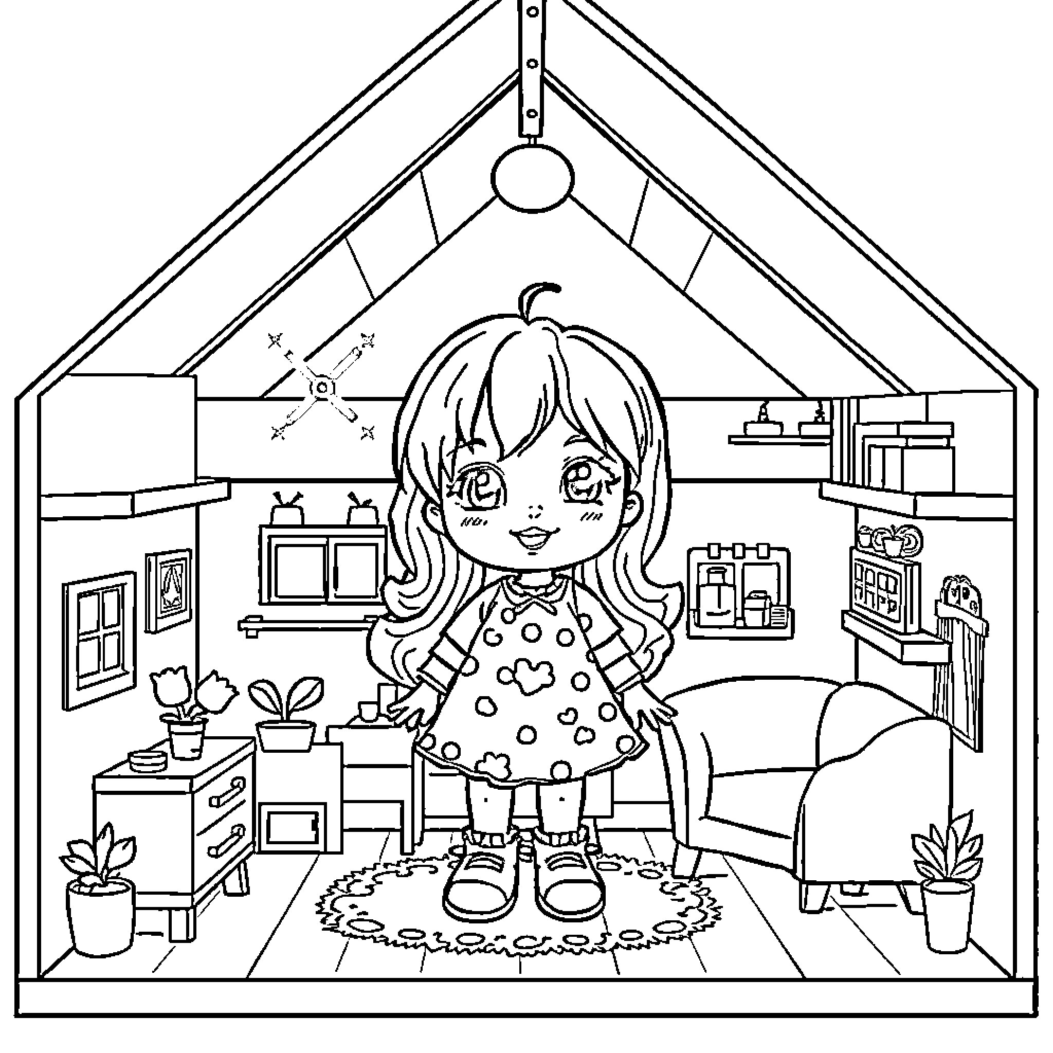 Doll in Playful Bedroom Setting Coloring Page (free black-and-white line drawing printable PDF for all, from beginners to advanced learners, including children, teens, adults, and seniors)