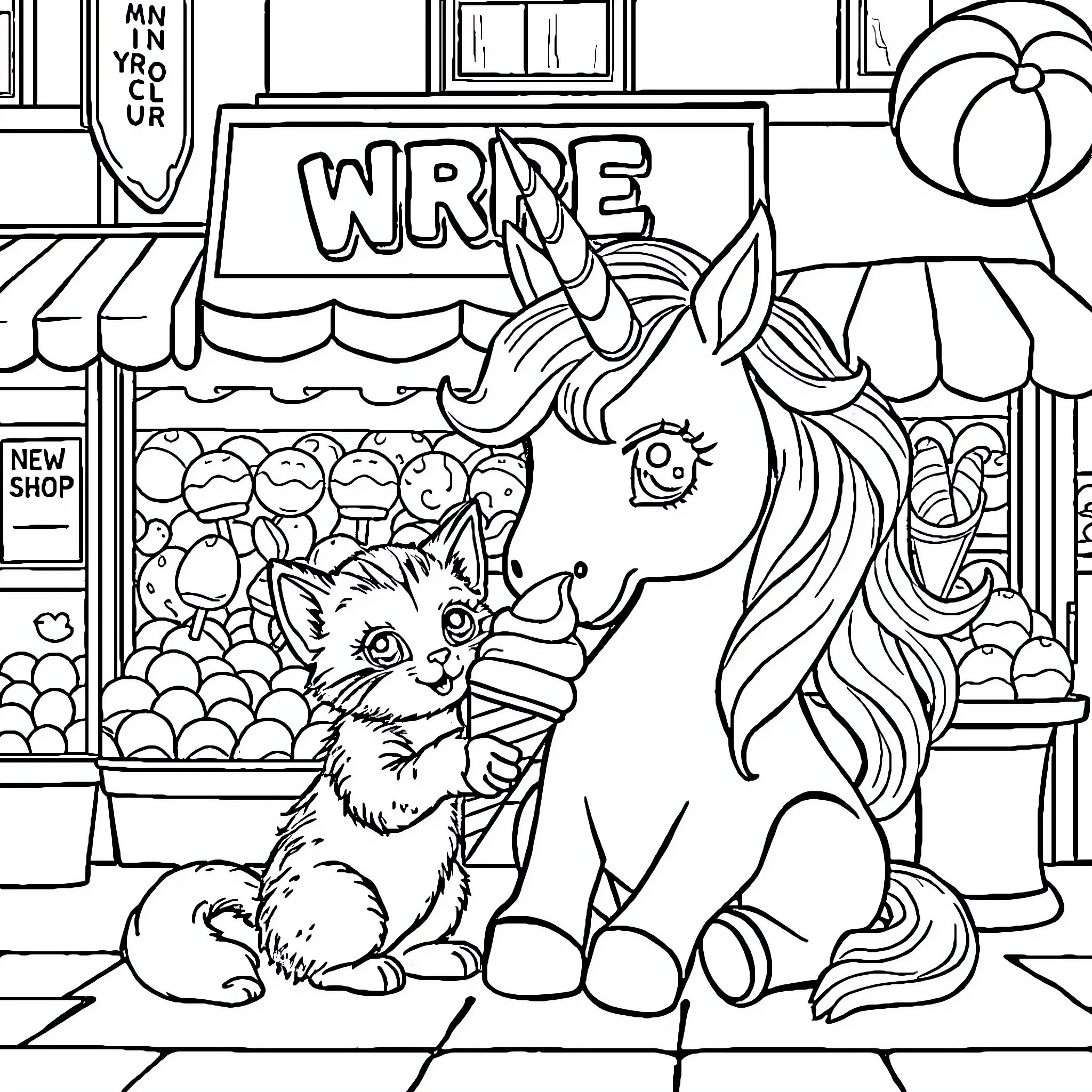 Unicorn and Kitten Exploring the Vibrant City Coloring Page (free black-and-white line drawing printable PDF for all, from beginners to advanced learners, including children, teens, adults, and seniors)