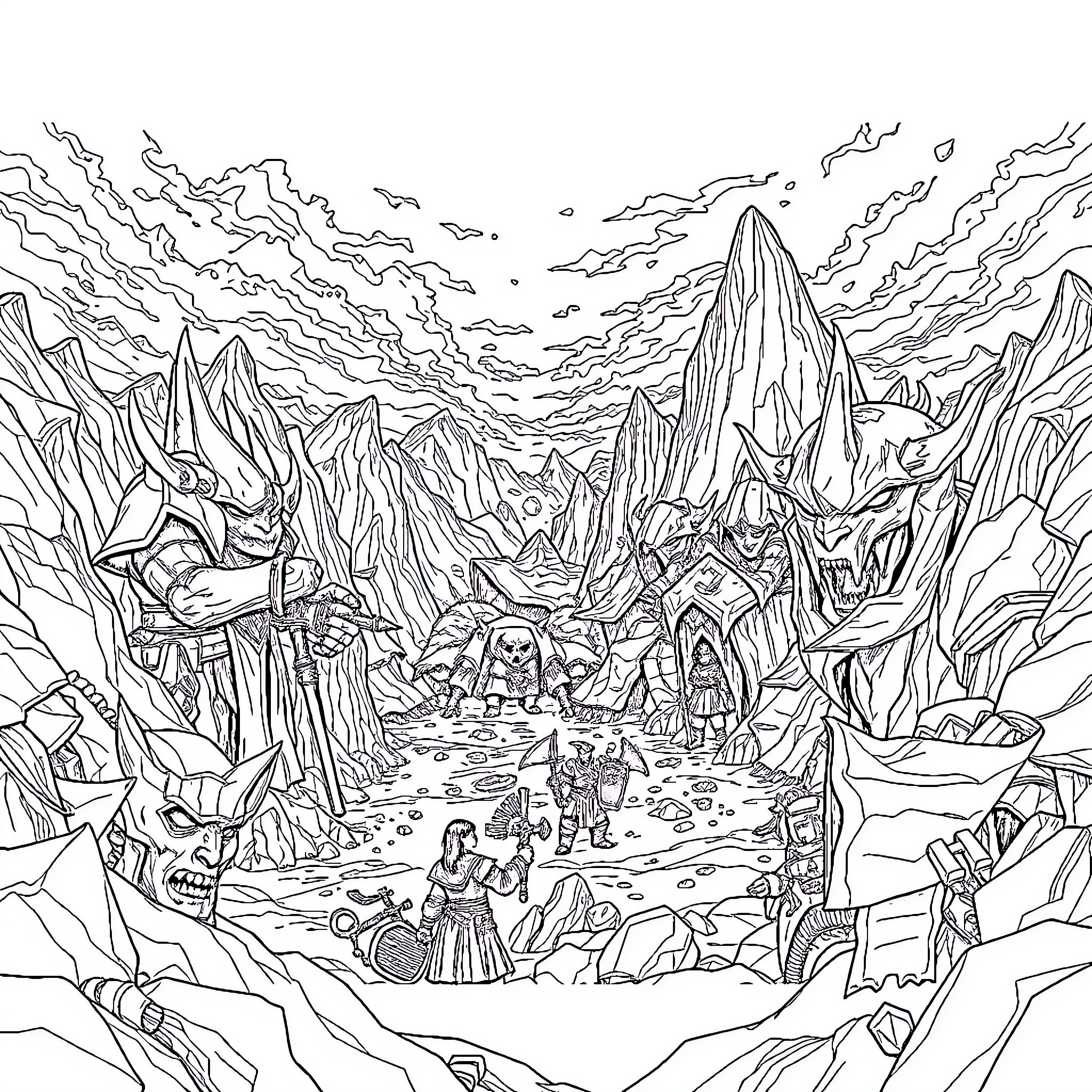 World of Warcraft: Fantasy Battle in Enchanted Realm Coloring Page (free black-and-white line drawing printable PDF for all, from beginners to advanced learners, including children, teens, adults, and seniors)