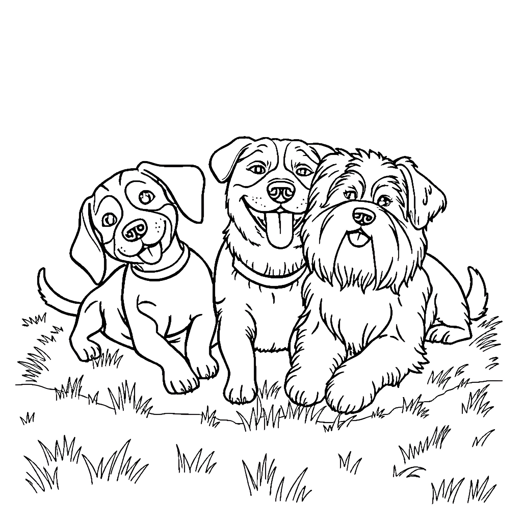 Dog friends playing together in the yard Coloring Page (free black-and-white line drawing printable PDF for all, from beginners to advanced learners, including children, teens, adults, and seniors)