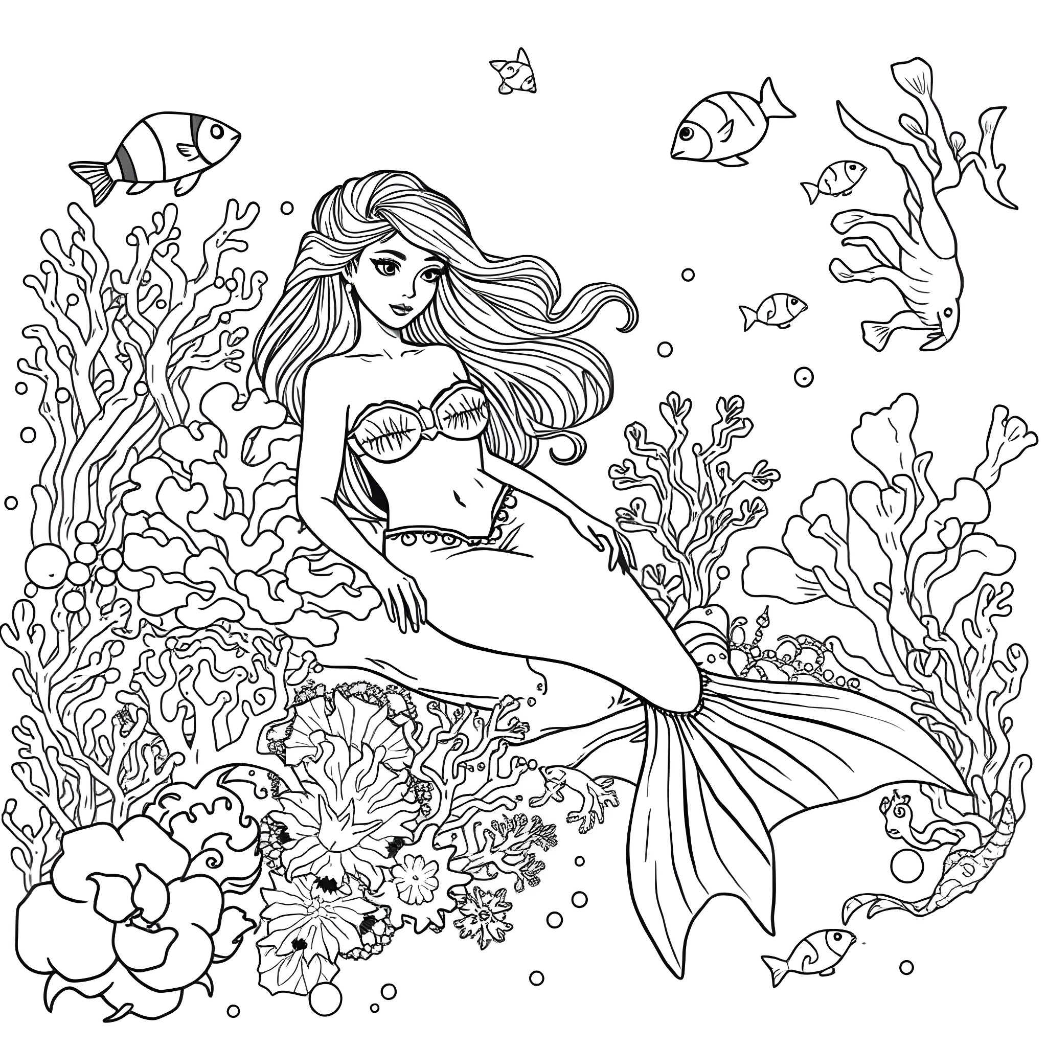 Mermaid swimming among vibrant coral reefs and fishes Coloring Page (free black-and-white line drawing printable PDF for all, from beginners to advanced learners, including children, teens, adults, and seniors)