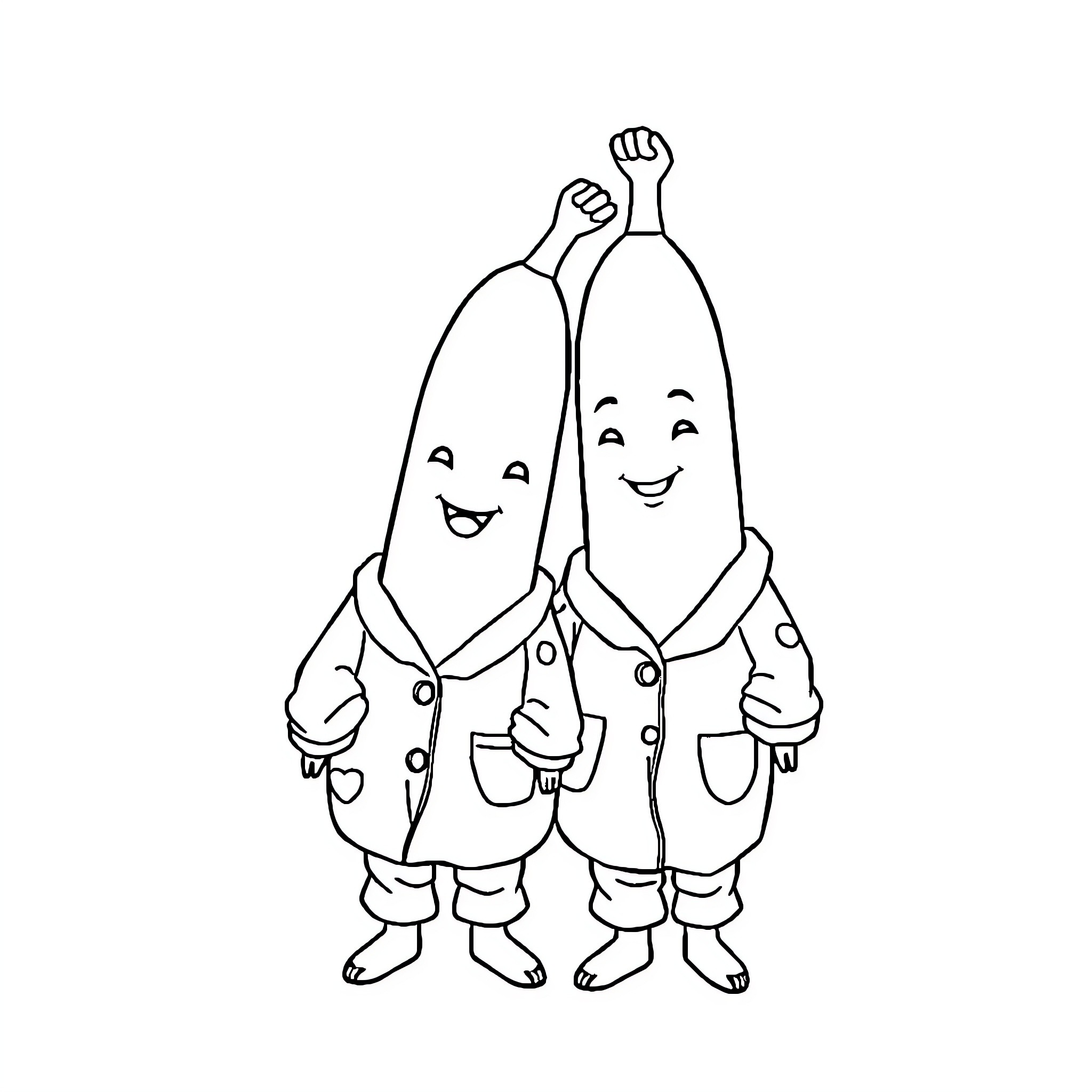 Banana friends cheerfully holding hands Coloring Page (free black-and-white line drawing printable PDF for all, from beginners to advanced learners, including children, teens, adults, and seniors)