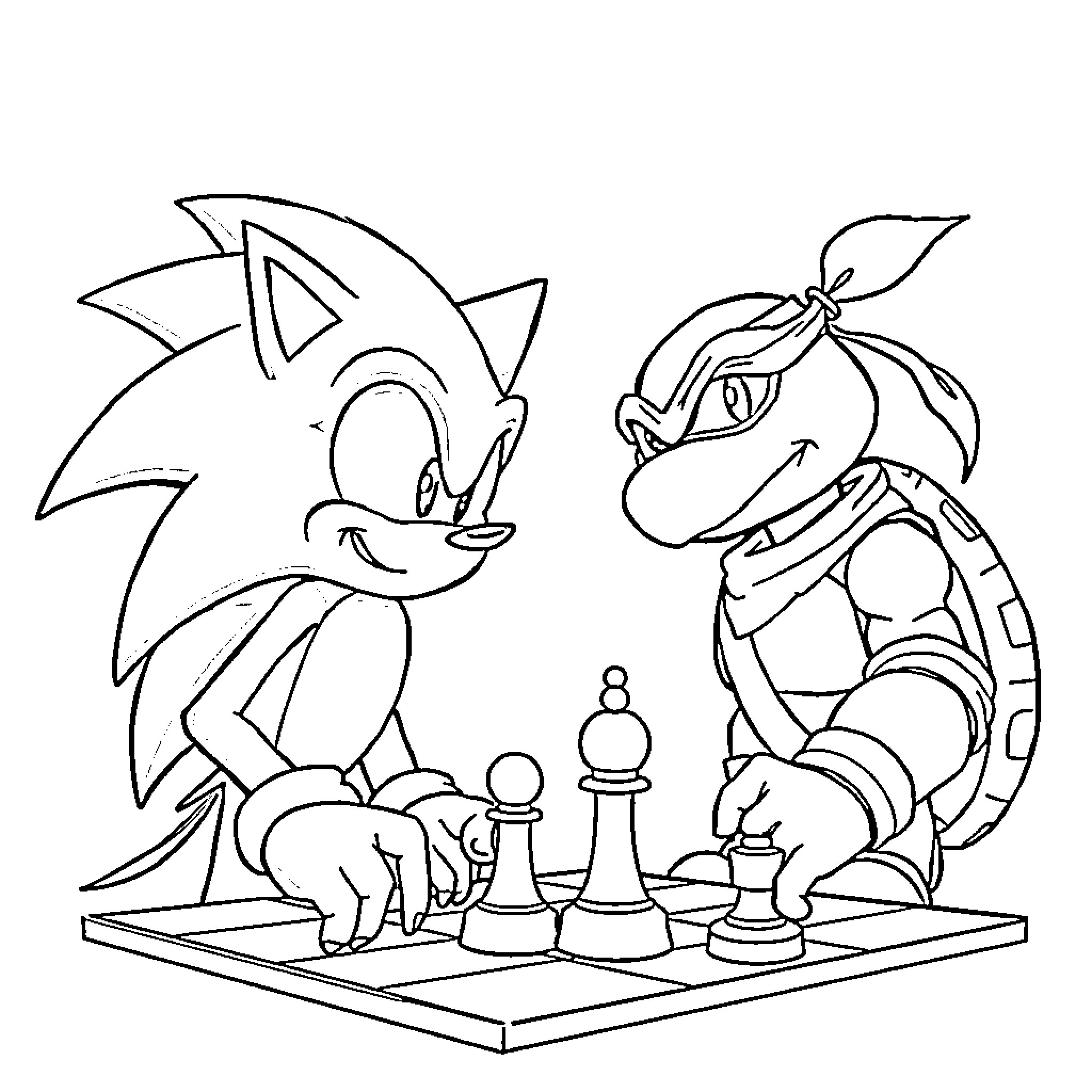 Sonic characters playing chess Coloring Page (free black-and-white line drawing printable PDF for all, from beginners to advanced learners, including children, teens, adults, and seniors)