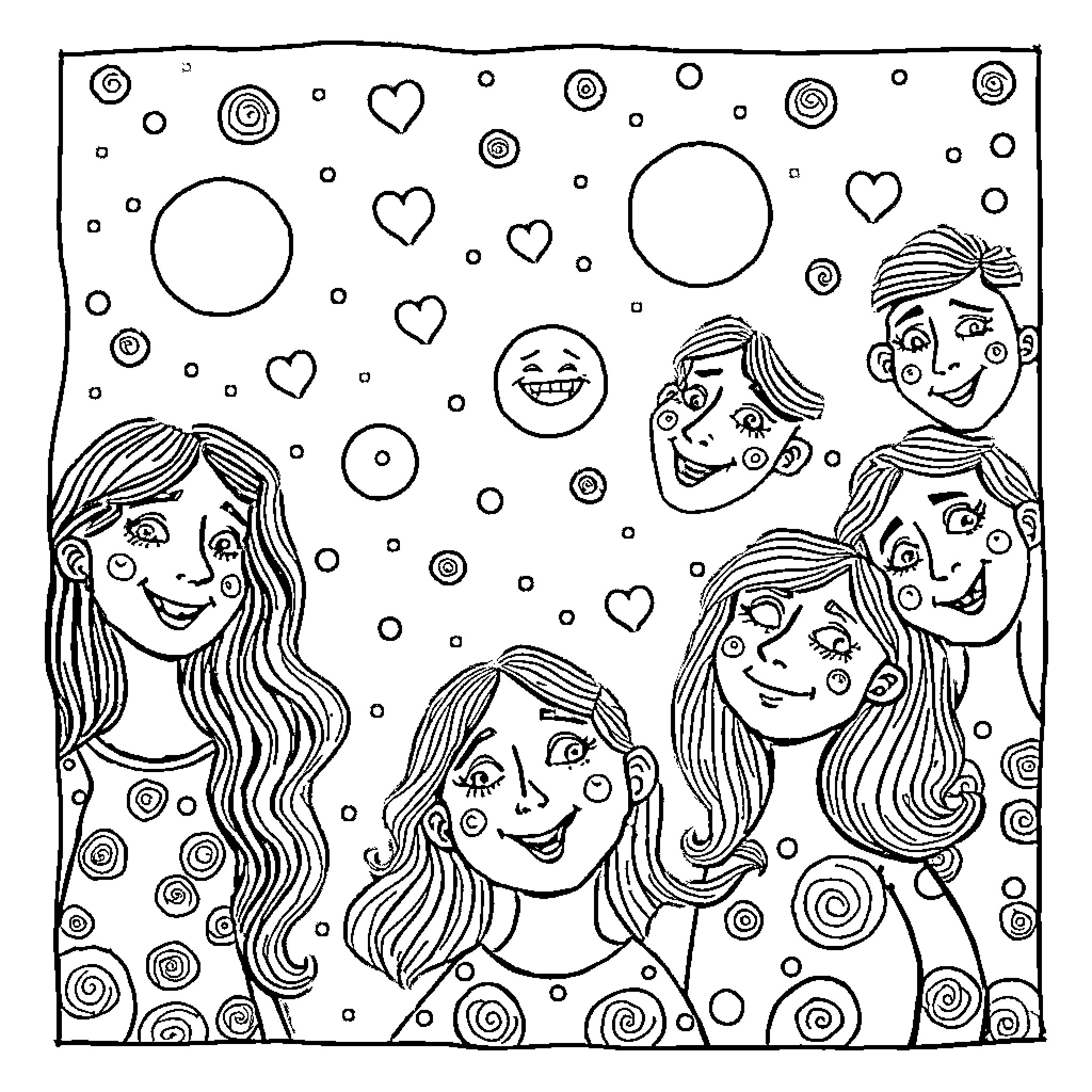 Rumour of fun and laughter among friends Coloring Page (free black-and-white line drawing printable PDF for all, from beginners to advanced learners, including children, teens, adults, and seniors)