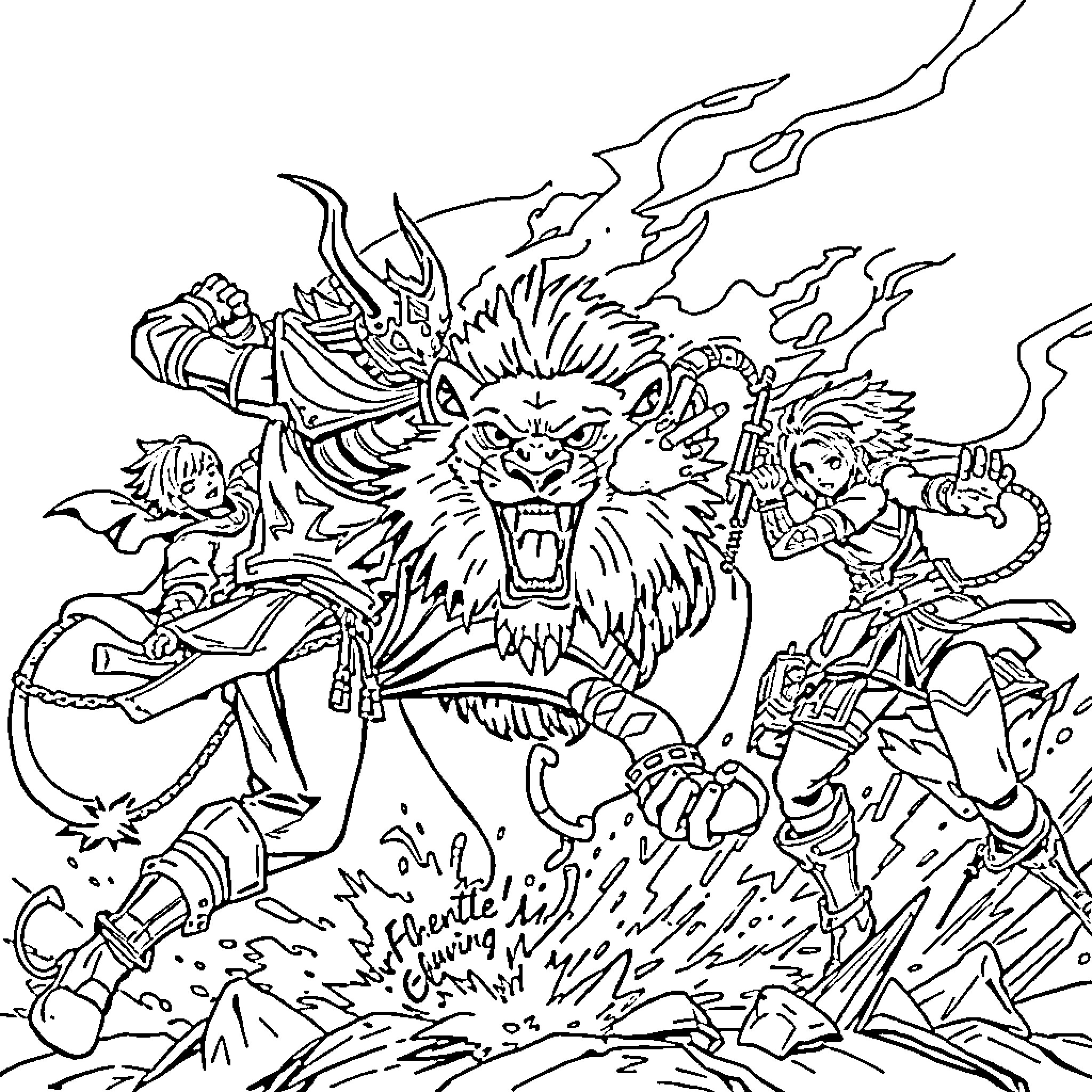 Kpop Demon Hunter in Epic Battle Against Monstrous Foe Coloring Page (free black-and-white line drawing printable PDF for all, from beginners to advanced learners, including children, teens, adults, and seniors)