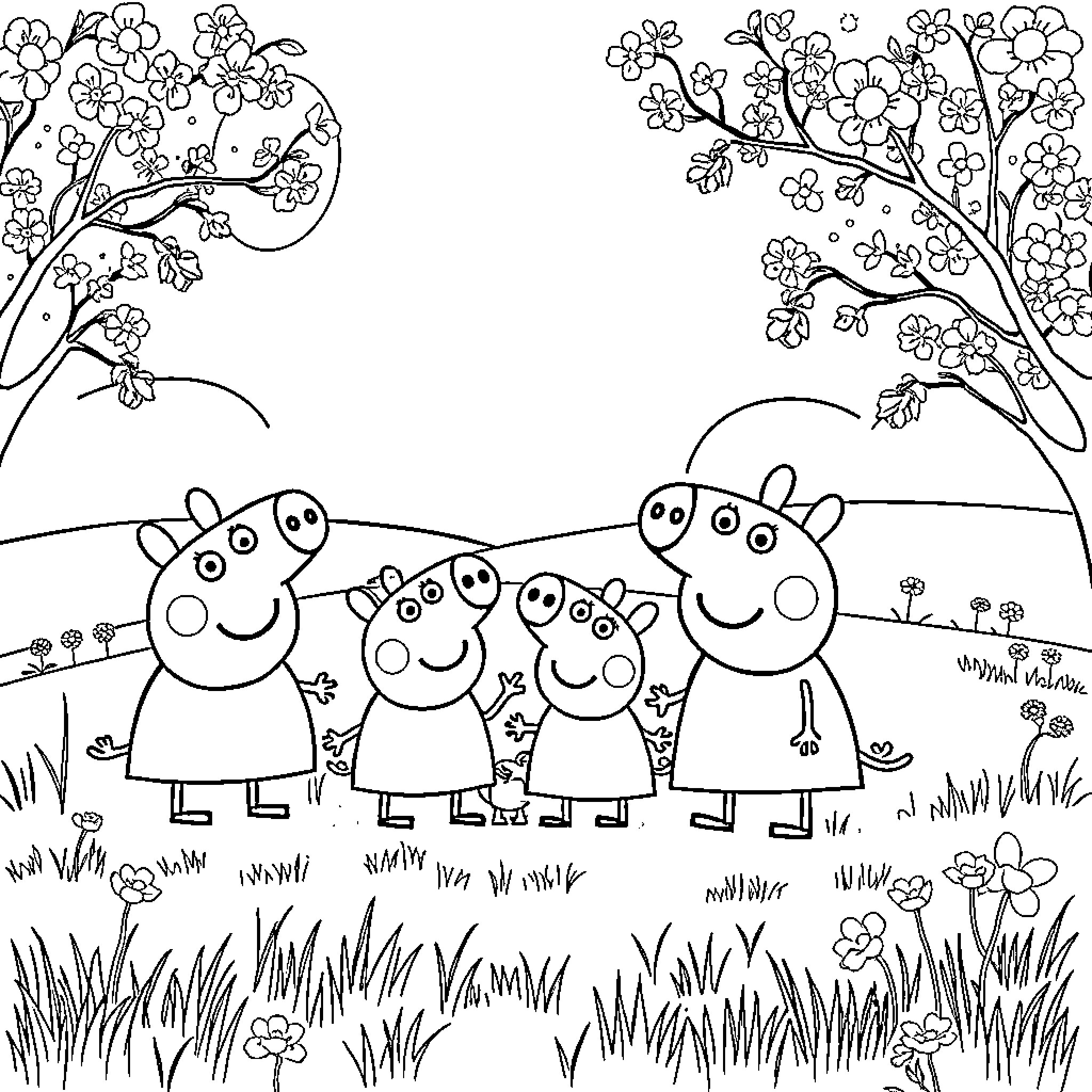Peppa Pig family enjoying a spring day outdoors Coloring Page (free black-and-white line drawing printable PDF for all, from beginners to advanced learners, including children, teens, adults, and seniors)