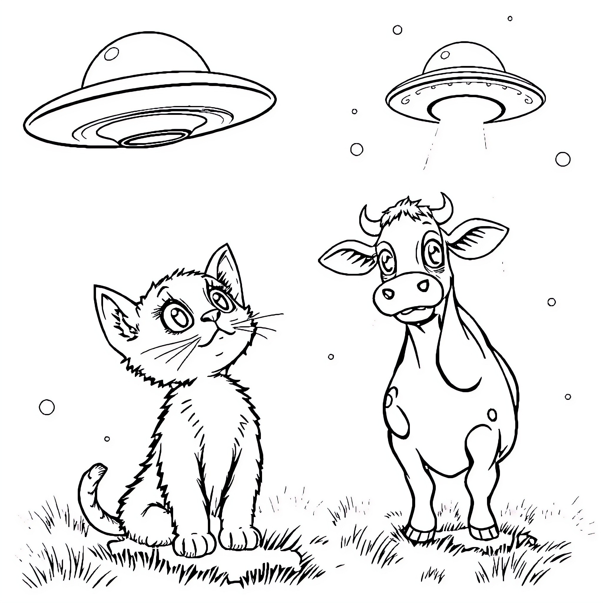 Kitten and Cow Encounter Unidentified Flying Objects Coloring Page (free black-and-white line drawing printable PDF for all, from beginners to advanced learners, including children, teens, adults, and seniors)