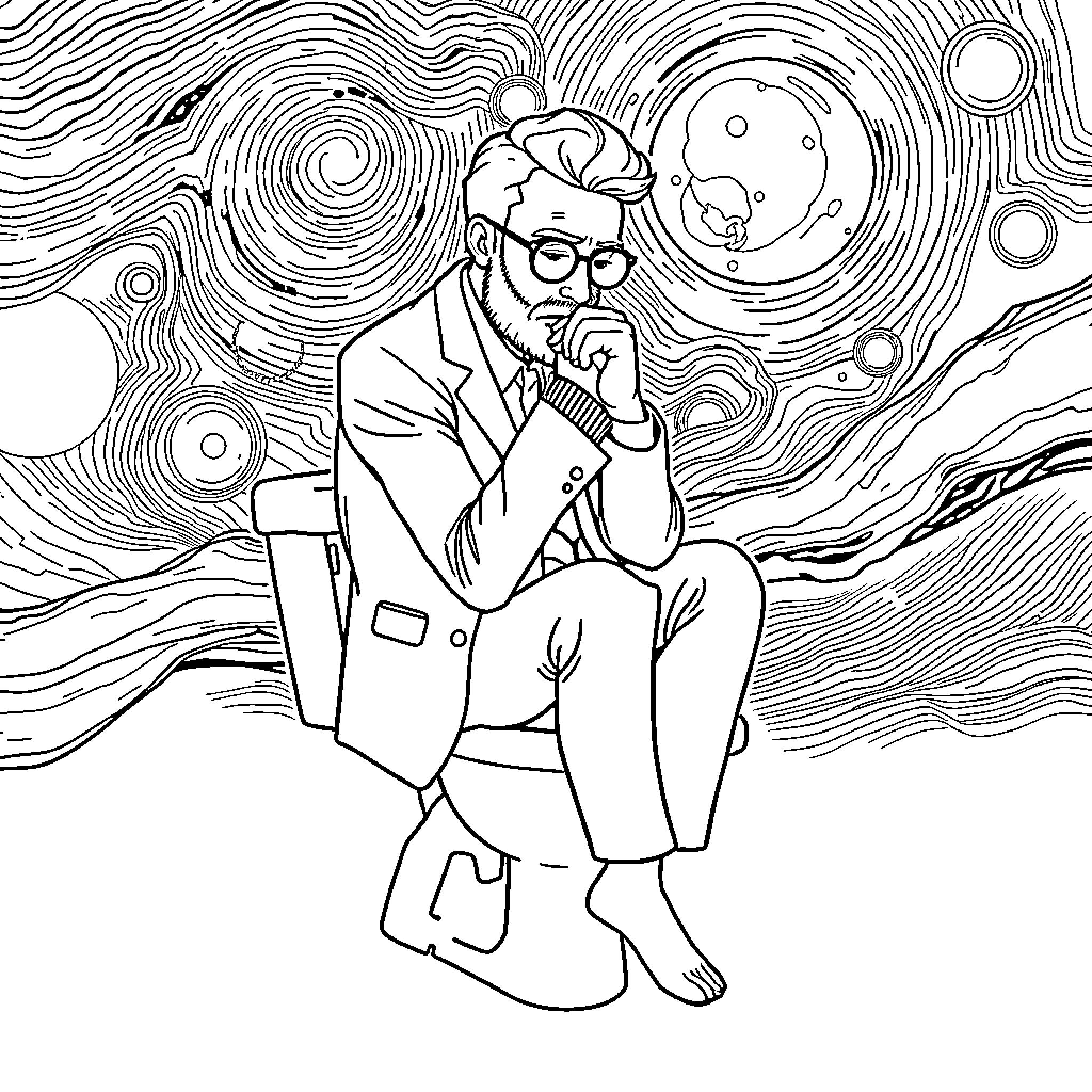 Man contemplating the cosmos in a surreal landscape Coloring Page (free black-and-white line drawing printable PDF for all, from beginners to advanced learners, including children, teens, adults, and seniors)