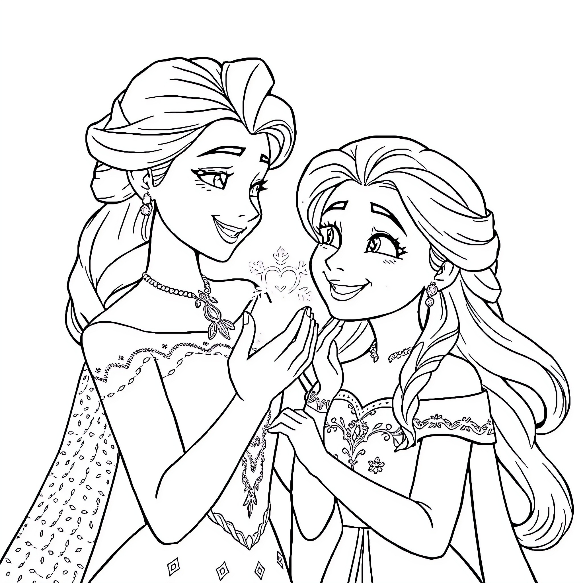 Elsa and Anna enjoying a playful moment together Coloring Page (free black-and-white line drawing printable PDF for all, from beginners to advanced learners, including children, teens, adults, and seniors)