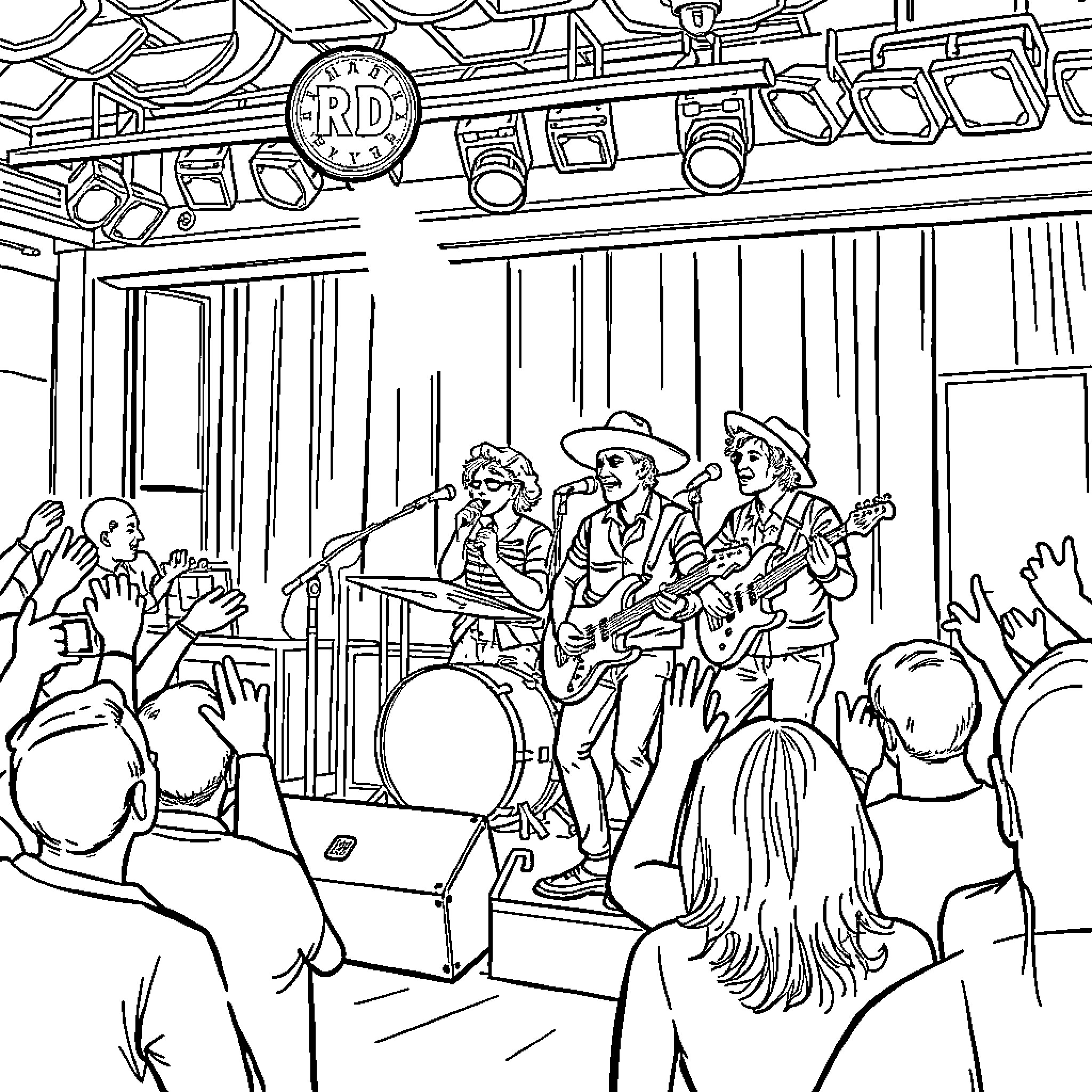 RBD Band Performing on Stage for Enthusiastic Crowd Coloring Page (free black-and-white line drawing printable PDF for all, from beginners to advanced learners, including children, teens, adults, and seniors)