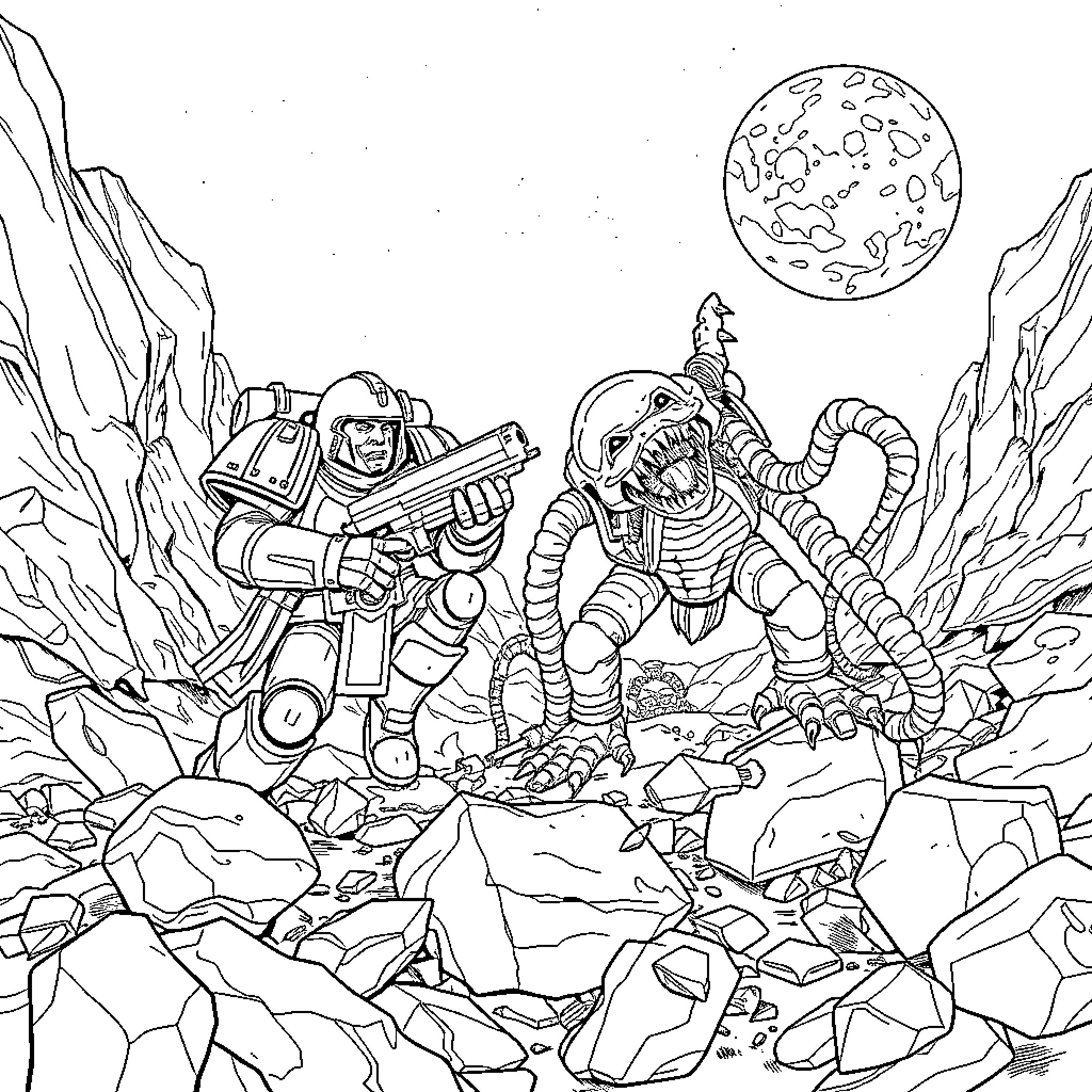 Space Marine Soldiers Battling Alien Creatures on Alien Landscape Coloring Page (free black-and-white line drawing printable PDF for all, from beginners to advanced learners, including children, teens, adults, and seniors)