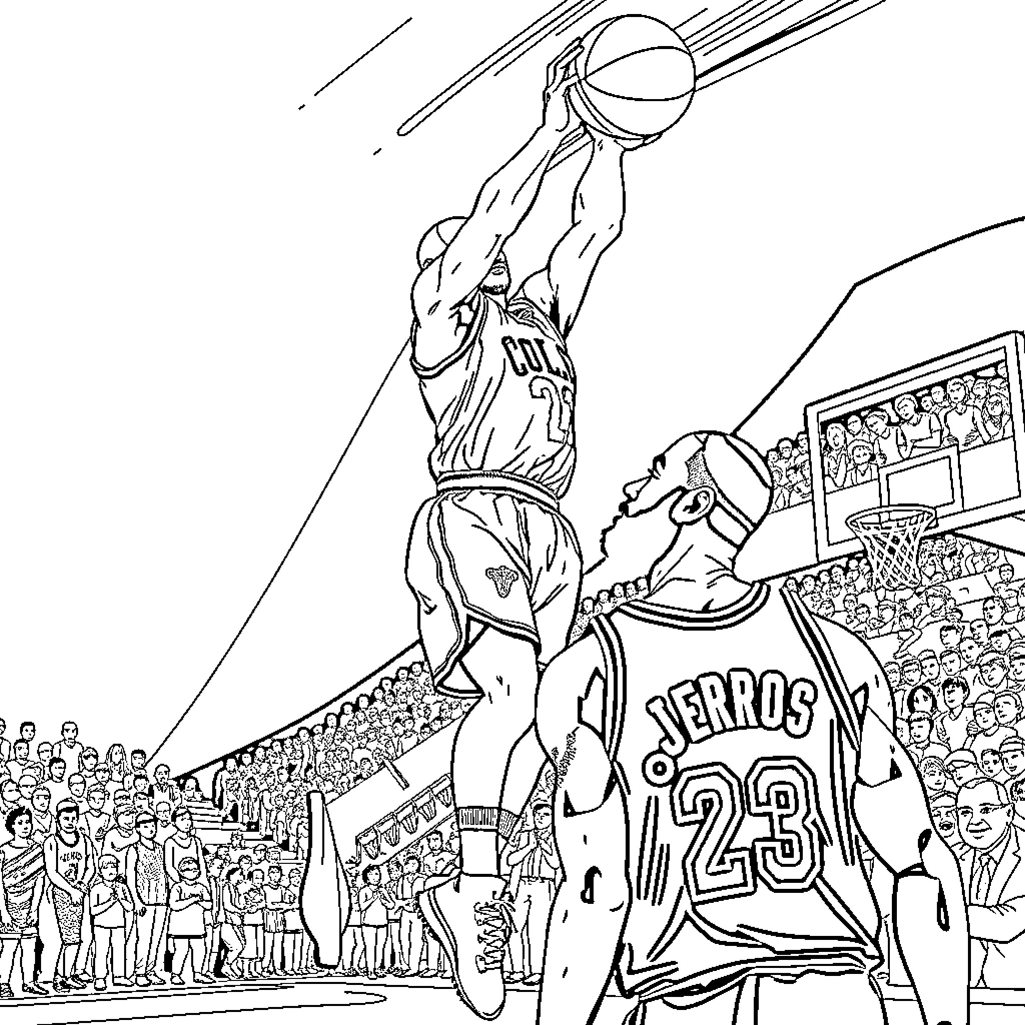 Michael Jordan's famous dunk during a basketball game Coloring Page (free black-and-white line drawing printable PDF for all, from beginners to advanced learners, including children, teens, adults, and seniors)