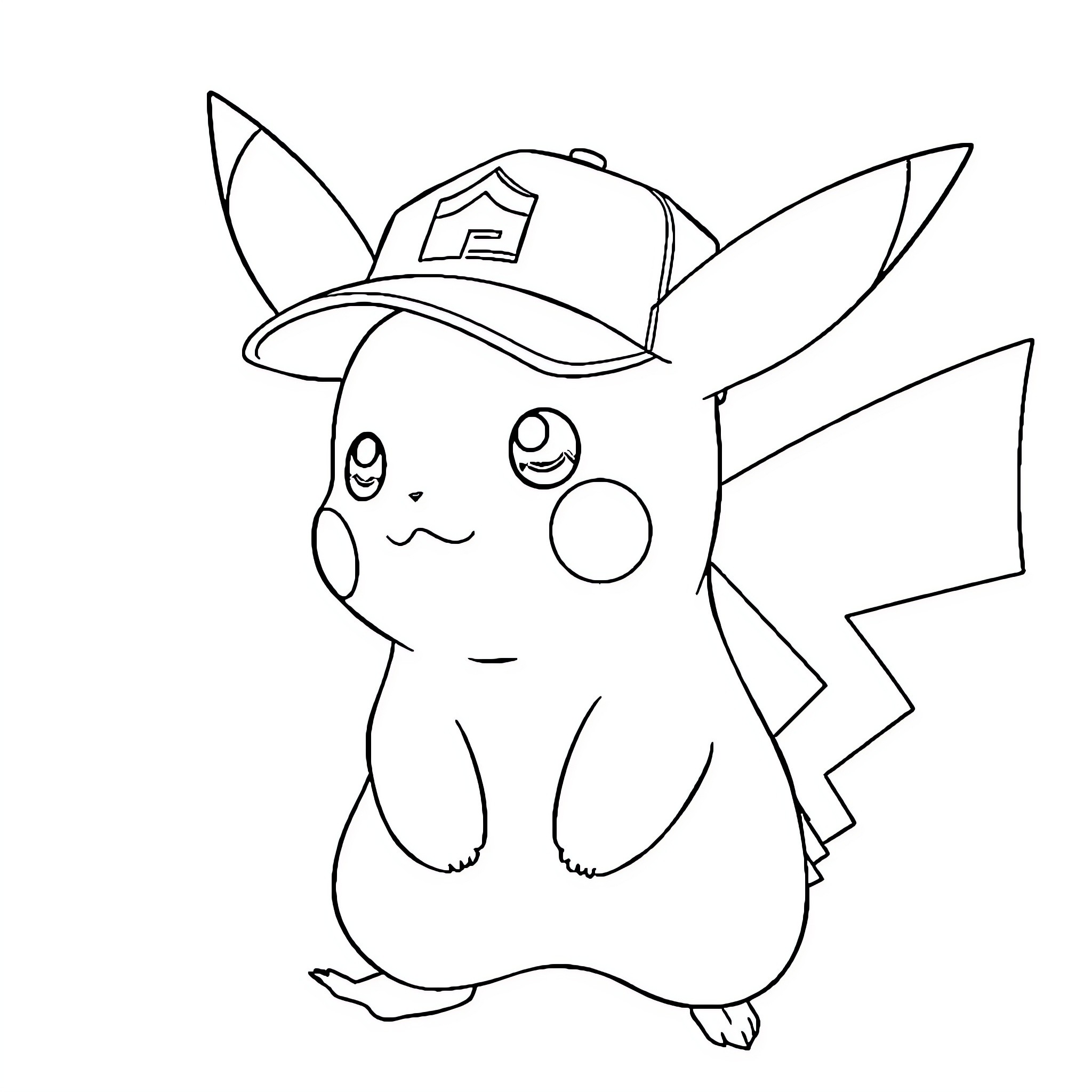 Pikachu wearing a baseball cap Coloring Page (free black-and-white line drawing printable PDF for all, from beginners to advanced learners, including children, teens, adults, and seniors)
