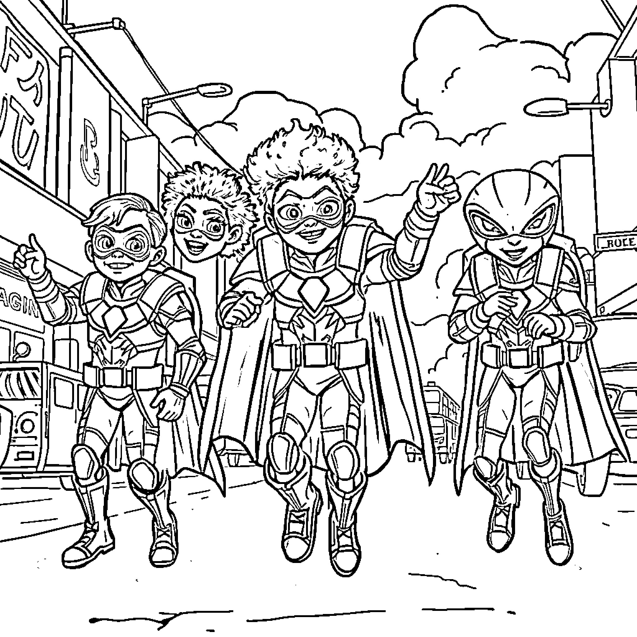 Superhero Team in Action Coloring Page (free black-and-white line drawing printable PDF for all, from beginners to advanced learners, including children, teens, adults, and seniors)