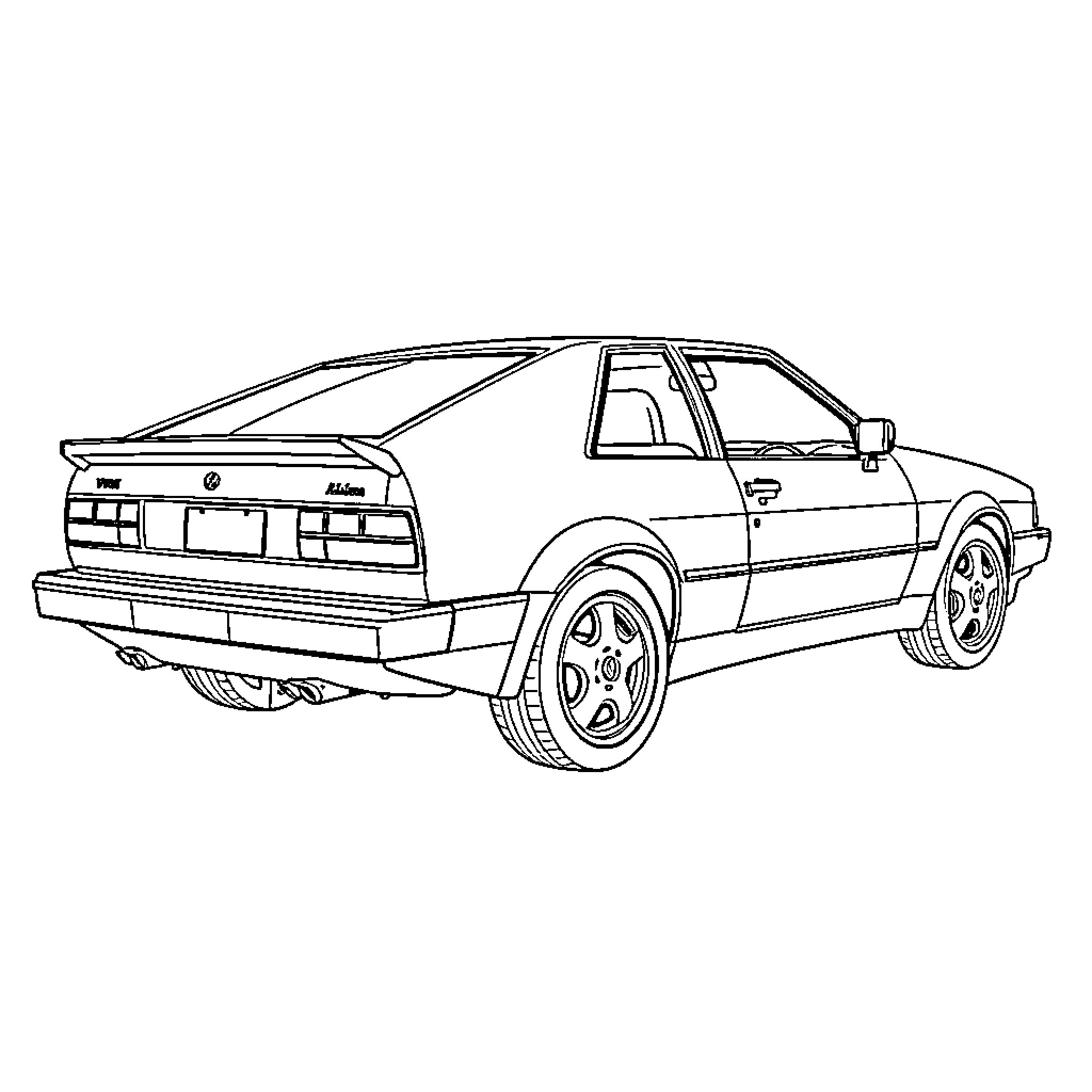 Volkswagen Corrado in black and white line art Coloring Page (free black-and-white line drawing printable PDF for all, from beginners to advanced learners, including children, teens, adults, and seniors)