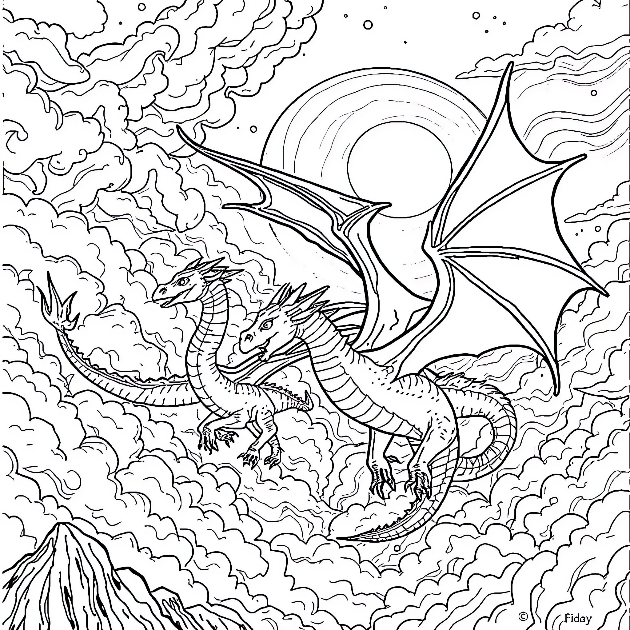 Dragon duo soaring through the celestial sky Coloring Page (free black-and-white line drawing printable PDF for all, from beginners to advanced learners, including children, teens, adults, and seniors)