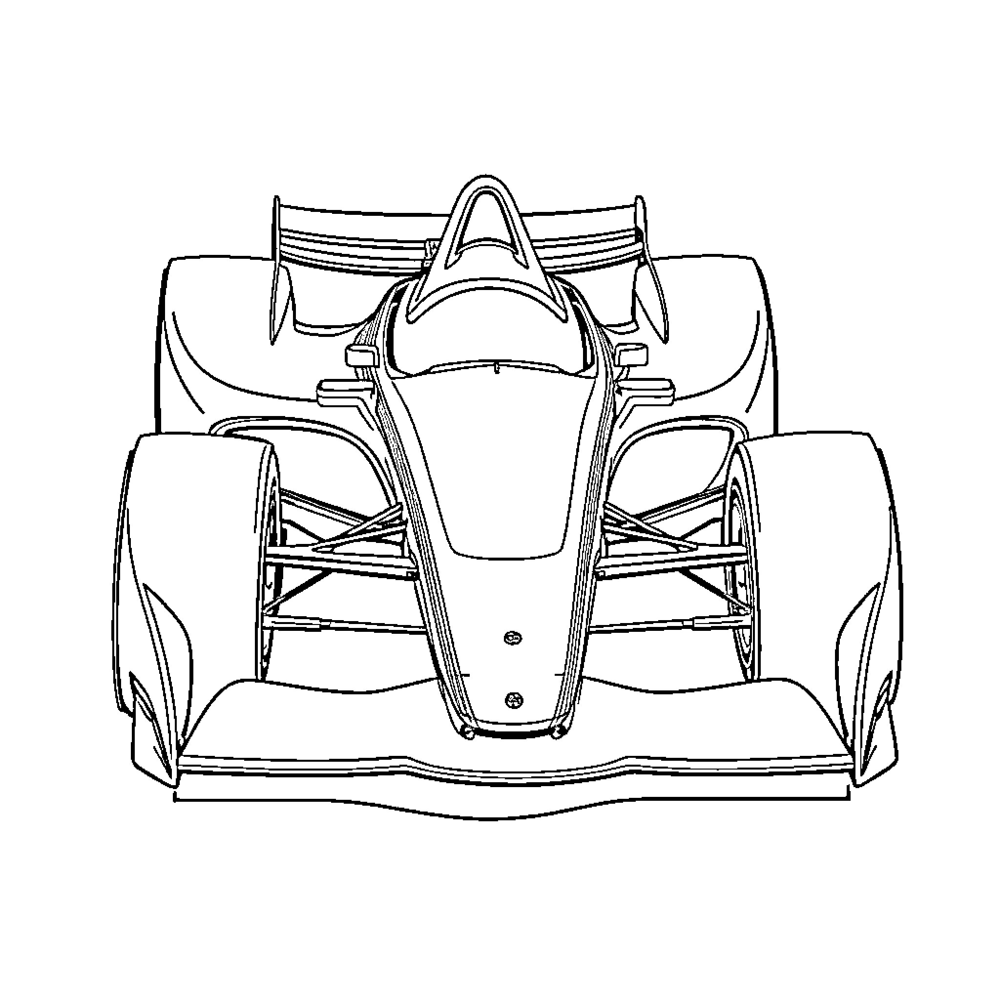 Formula One Car on the Track Coloring Page (free black-and-white line drawing printable PDF for all, from beginners to advanced learners, including children, teens, adults, and seniors)