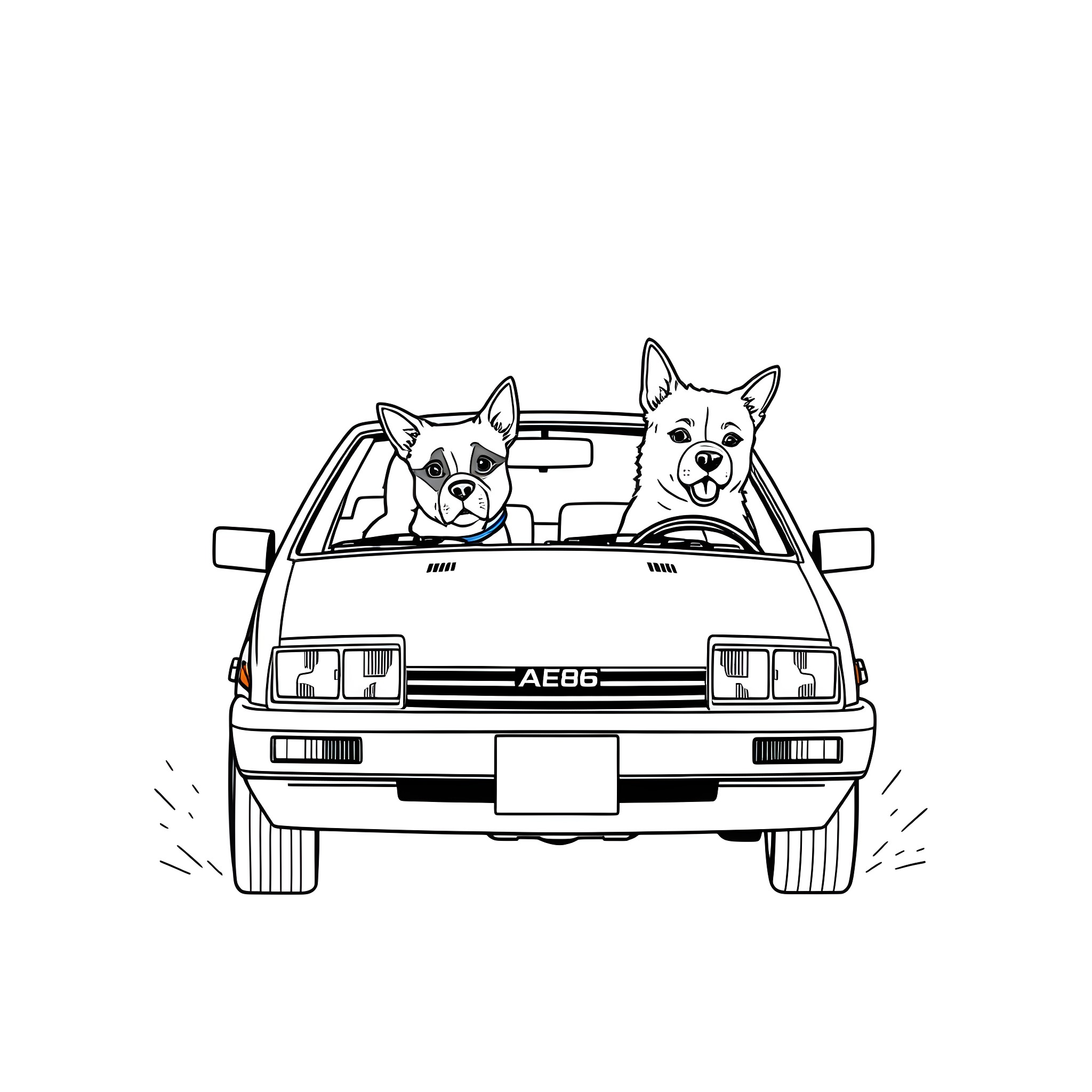 Dogs riding happily in the car Coloring Page (free black-and-white line drawing printable PDF for all, from beginners to advanced learners, including children, teens, adults, and seniors)
