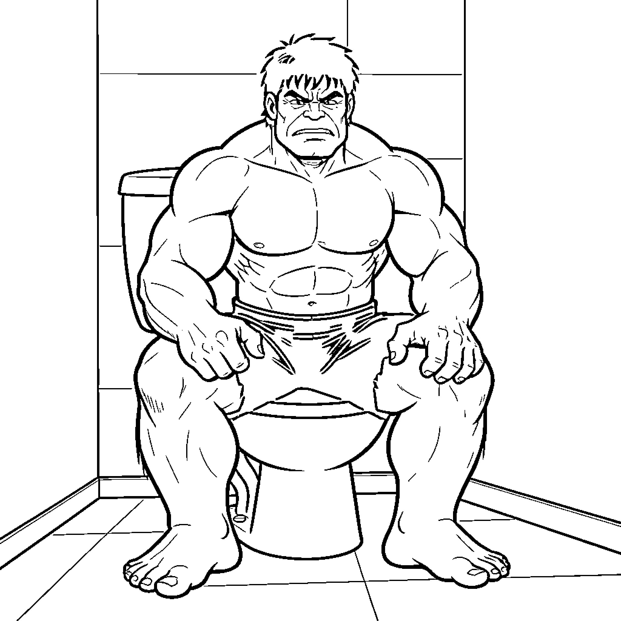 Hulk sitting on a toilet with a serious expression Coloring Page (free black-and-white line drawing printable PDF for all, from beginners to advanced learners, including children, teens, adults, and seniors)