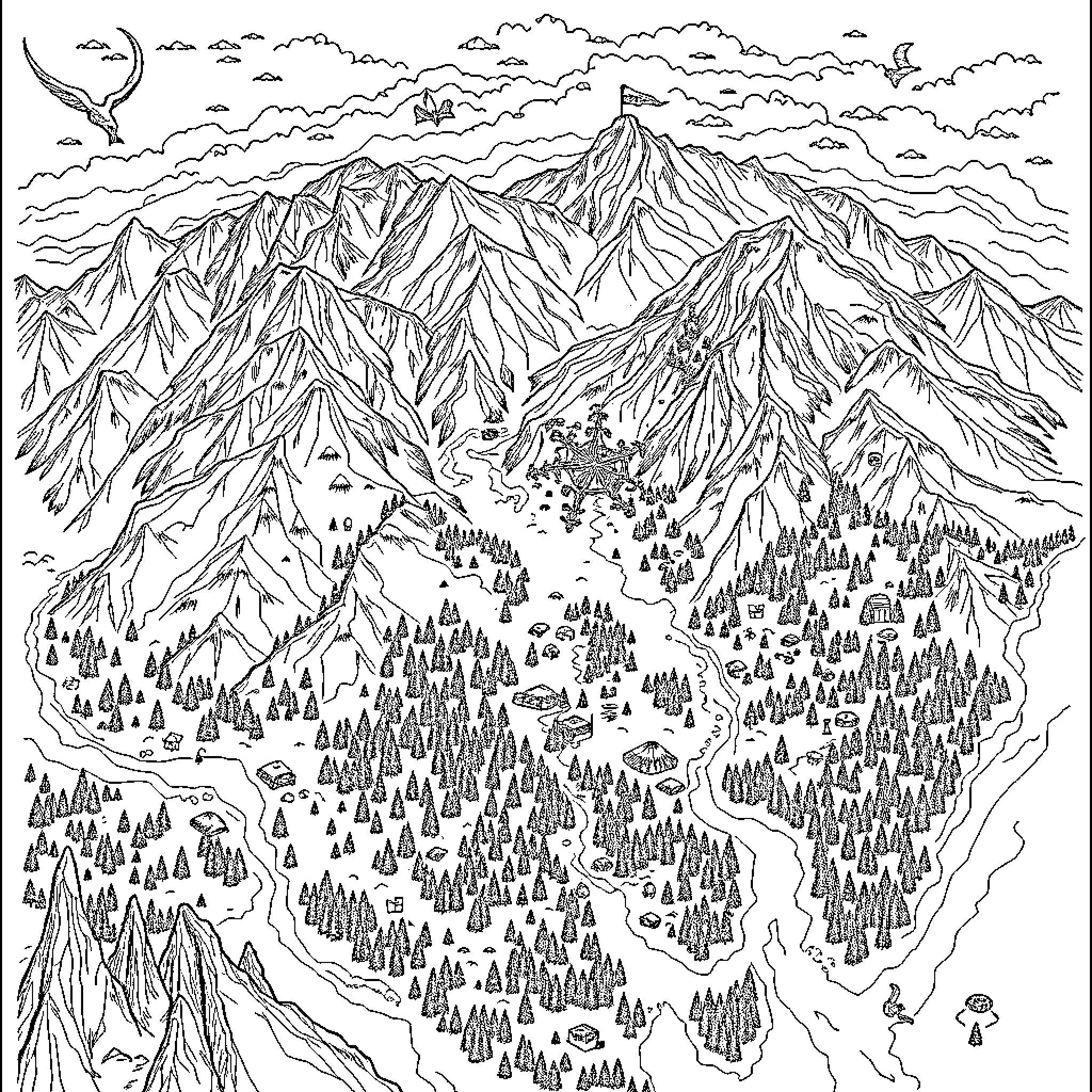 Faerûn: Majestic mountains, winding rivers, and bustling settlements Coloring Page (free black-and-white line drawing printable PDF for all, from beginners to advanced learners, including children, teens, adults, and seniors)