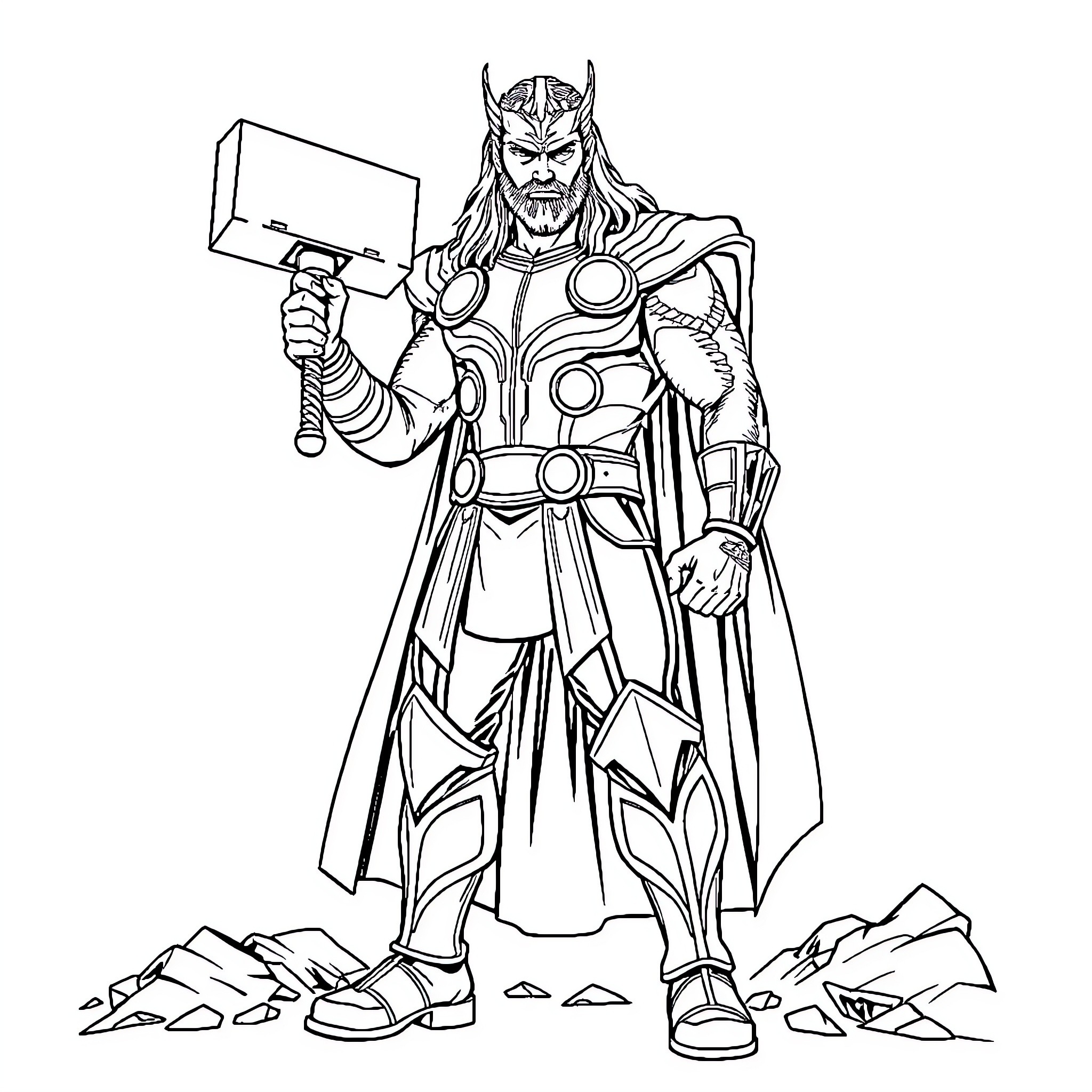 Thor wielding his mighty hammer in a heroic pose Coloring Page (free black-and-white line drawing printable PDF for all, from beginners to advanced learners, including children, teens, adults, and seniors)