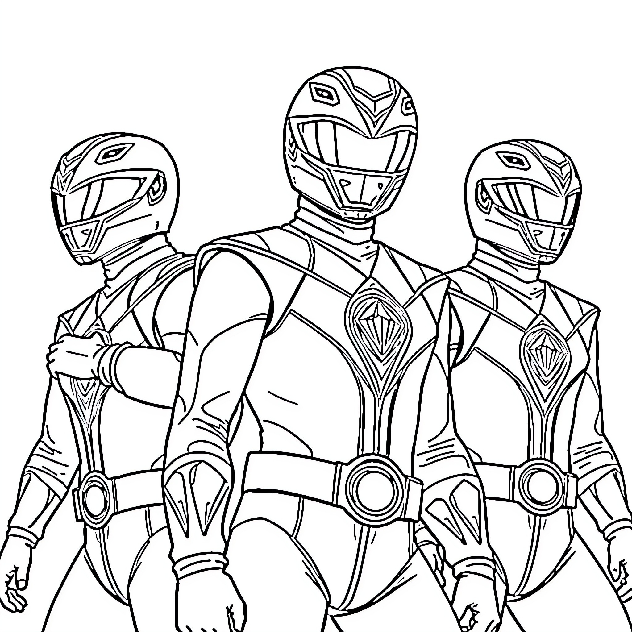 Power Rangers in Heroic Pose Coloring Page (free black-and-white line drawing printable PDF for all, from beginners to advanced learners, including children, teens, adults, and seniors)