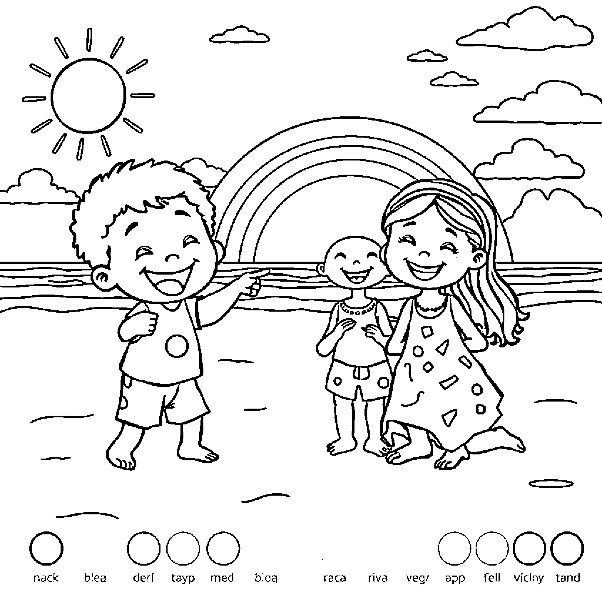 Toddler friends enjoying the sunny day at the beach Coloring Page (free black-and-white line drawing printable PDF for all, from beginners to advanced learners, including children, teens, adults, and seniors)